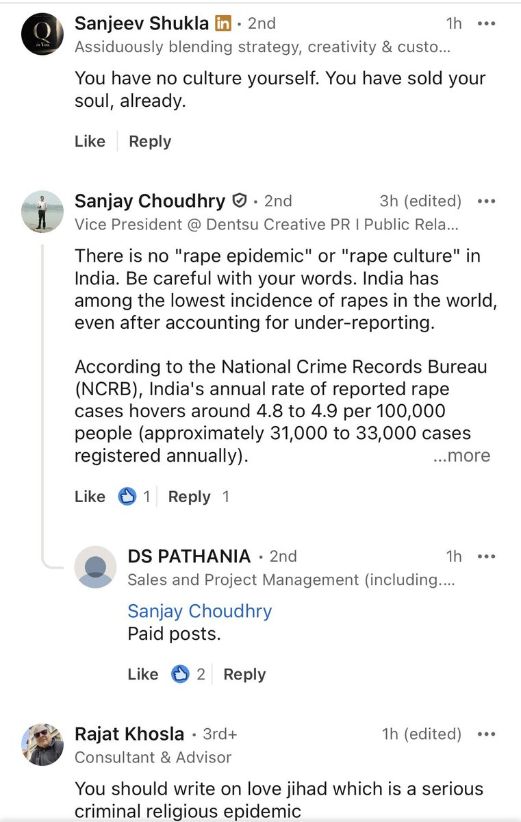 bysurbhigupta's tweet photo. Shared my essay on India’s rape epidemic on LinkedIn and these are some of the comments I got. I hope these men realize LinkedIn is a professional platform and their comments are public. I hope their clients, colleagues and employers are watching. 

Read the story here: https://t.co/mMenDmWebI