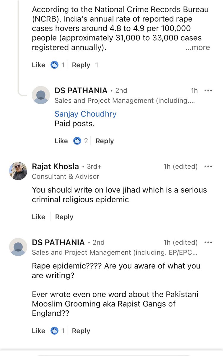 bysurbhigupta's tweet photo. Shared my essay on India’s rape epidemic on LinkedIn and these are some of the comments I got. I hope these men realize LinkedIn is a professional platform and their comments are public. I hope their clients, colleagues and employers are watching. 

Read the story here: https://t.co/mMenDmWebI