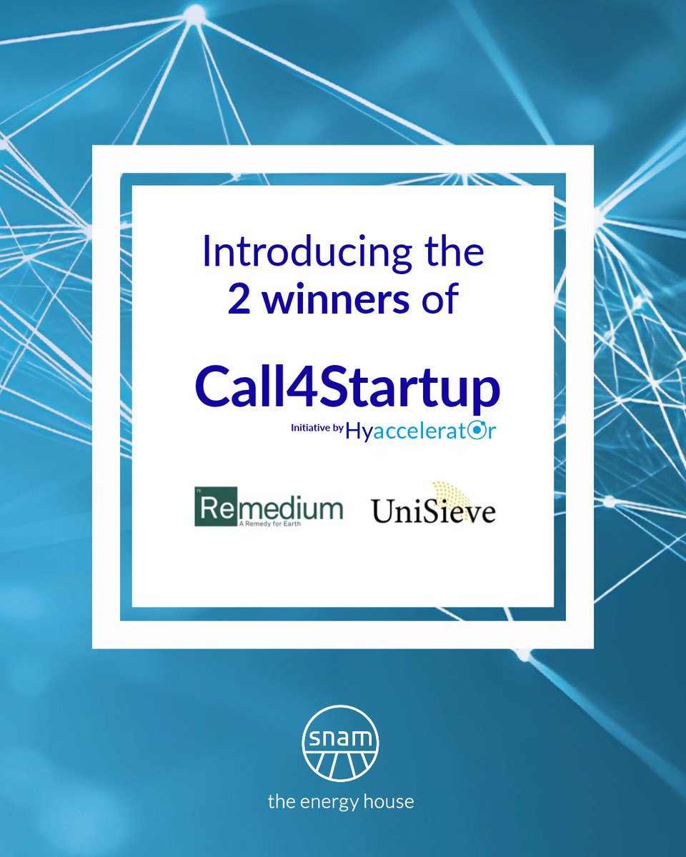 snam's tweet photo. We’re proud to announce the 2 winning startups of #Hyaccelerator #Call4Startup 2026: Remedium Energy and UniSieve.
They will now move on to the Validation Phase of the program, where they will further assess and validate the potential of their solutions. https://t.co/hSNi0ZuYVP
