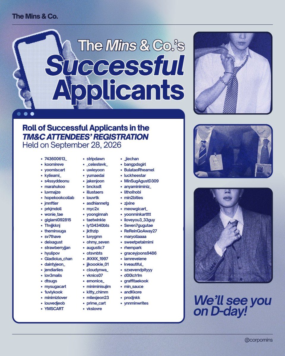corpomins's tweet photo. The list of successful applicants is OUT! 📋✨

From the Offices of Mr. Min &amp; Mr. Park, we would like to extend our sincerest gratitude for the overwhelming support we received from all of you.

Kindly check your emails / spam for the approval letter!

#YMCSE2026 #TheMinsAndCo https://t.co/ODNFm0pWxb