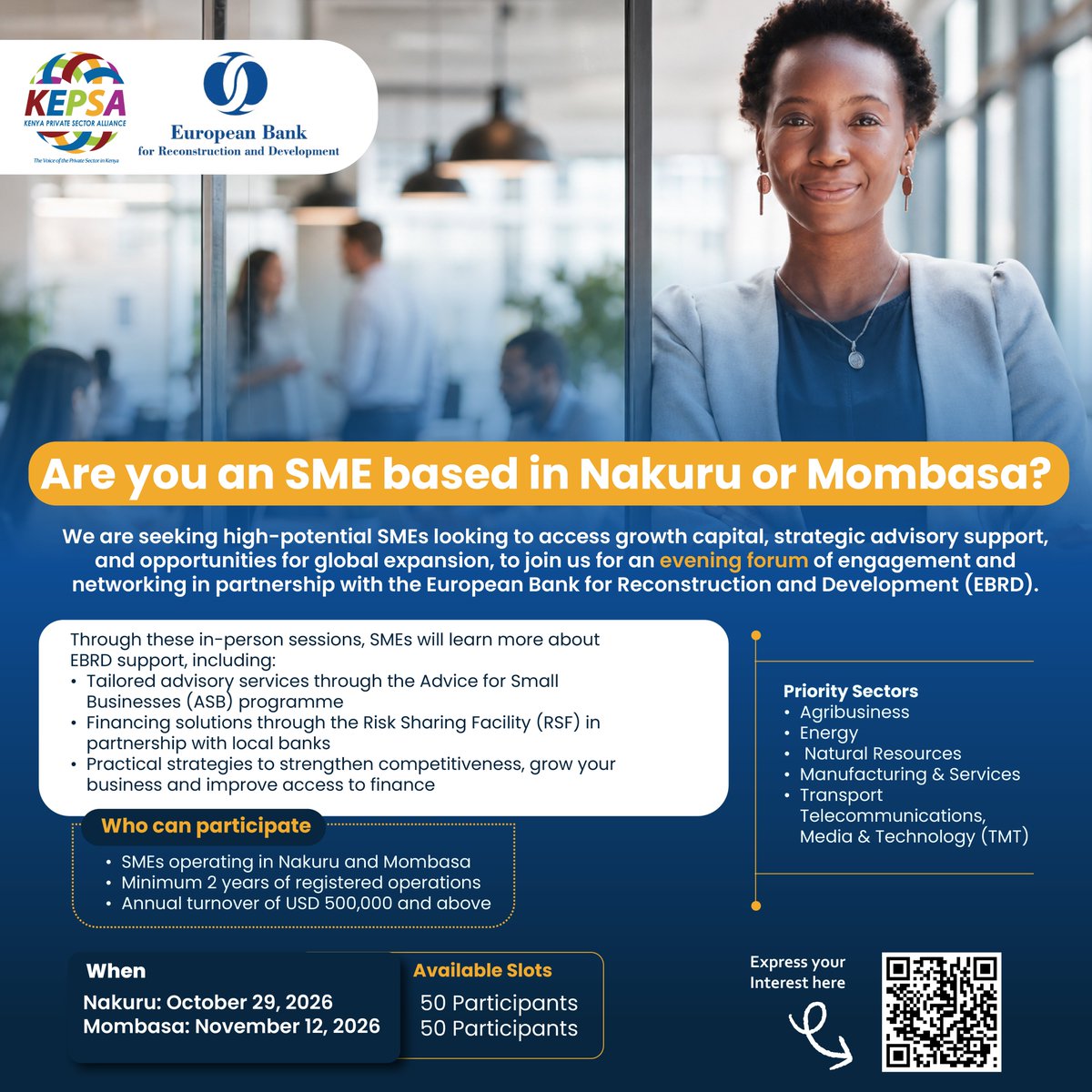 KEPSA_KENYA's tweet photo. KEPSA, in partnership with @EBRD, is hosting a series of SME engagement sessions across Kenya to connect businesses with practical support and growth opportunities.

📍 Nakuru – 29 October
📍 Mombasa – 12 November

Express your interest here👉🏽 https://t.co/mHowJsbyMK https://t.co/qY9izlge8V