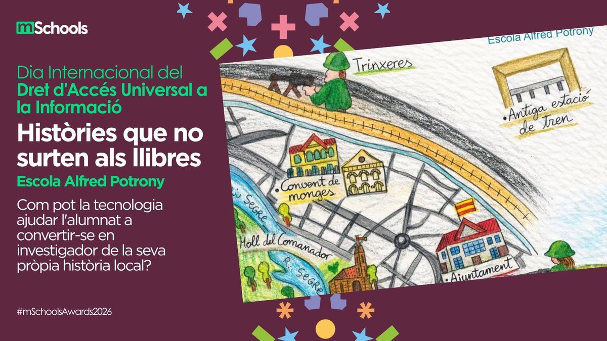mSchools_MWC's tweet photo. 🌐 En el Dia Internacional del Dret d'Accés Universal a la Informació, reivindiquem la importància de l'educació mediàtica que ensenya l'alumnat a cercar, contrastar i interpretar la informació amb esperit crític.

Un bon exemple és Històries que no surten als llibres, de l'Escola Alfred Potrony, reconegut als #mSchoolsAwards2026 per convertir la investigació de la memòria local en una experiència d'aprenentatge activa.

🎙️ Entrevistes i pòdcasts
 🗺️ Cartografia digital interactiva
 📚 Recerca històrica sobre la Guerra Civil
 🧠 Pensament crític i empatia

Descobriu el projecte i el seu impacte 👇
 https://t.co/eaGduaVtrH

#mSchools #EducacióMediàtica #VeuDocent
