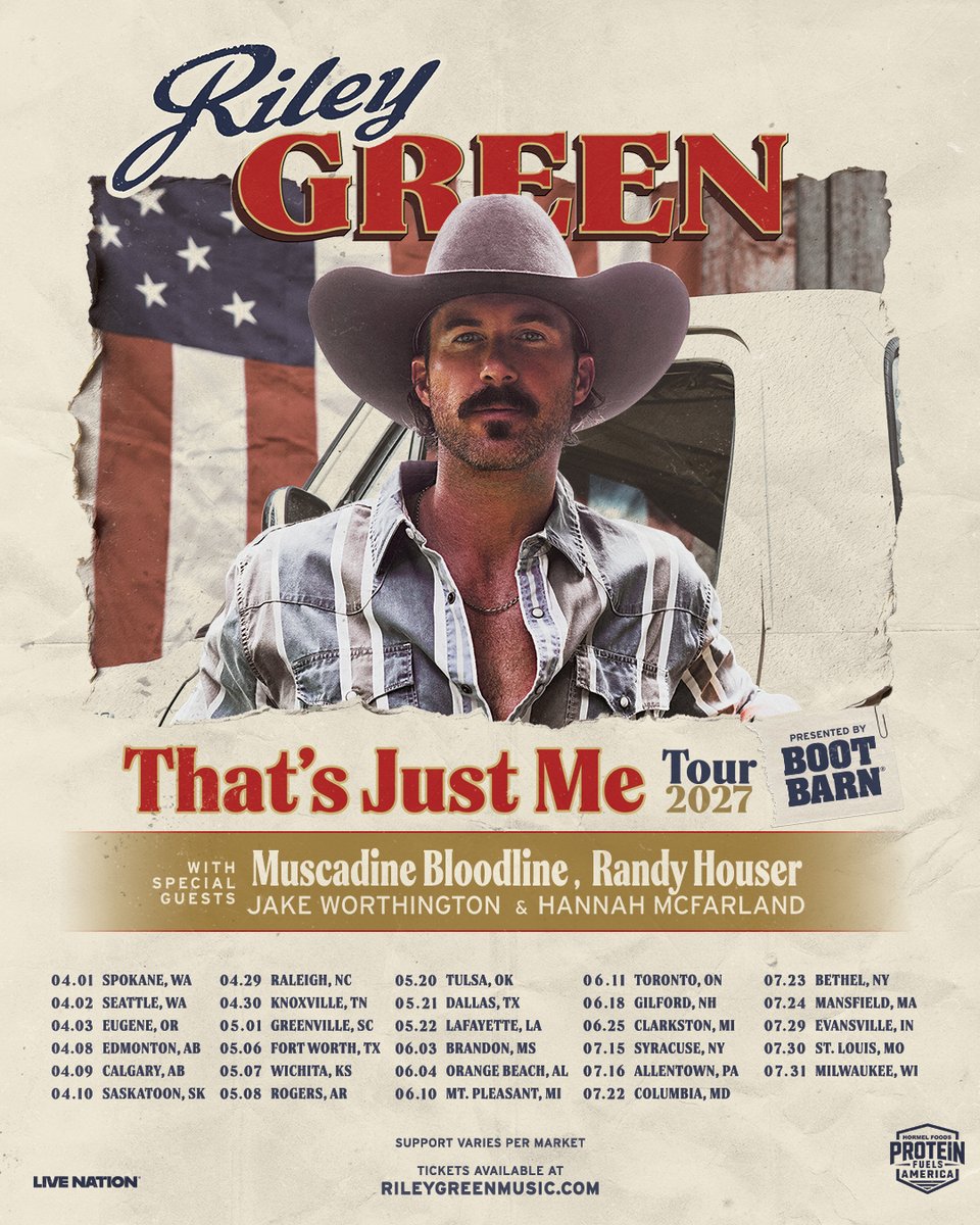 RileyGreenMusic's tweet photo. That’s Just Me Tour with my friends @RandyHouser, @MuscadineBLine, @jakeworthington, and Hannah McFarland.

Presale begins tomorrow for Back 40 Duck Club members. Tickets go on sale to the public on Friday. All ticket and VIP details: https://t.co/BXUbCXSM8E

See y’all out there. https://t.co/qpHUwPMI7y