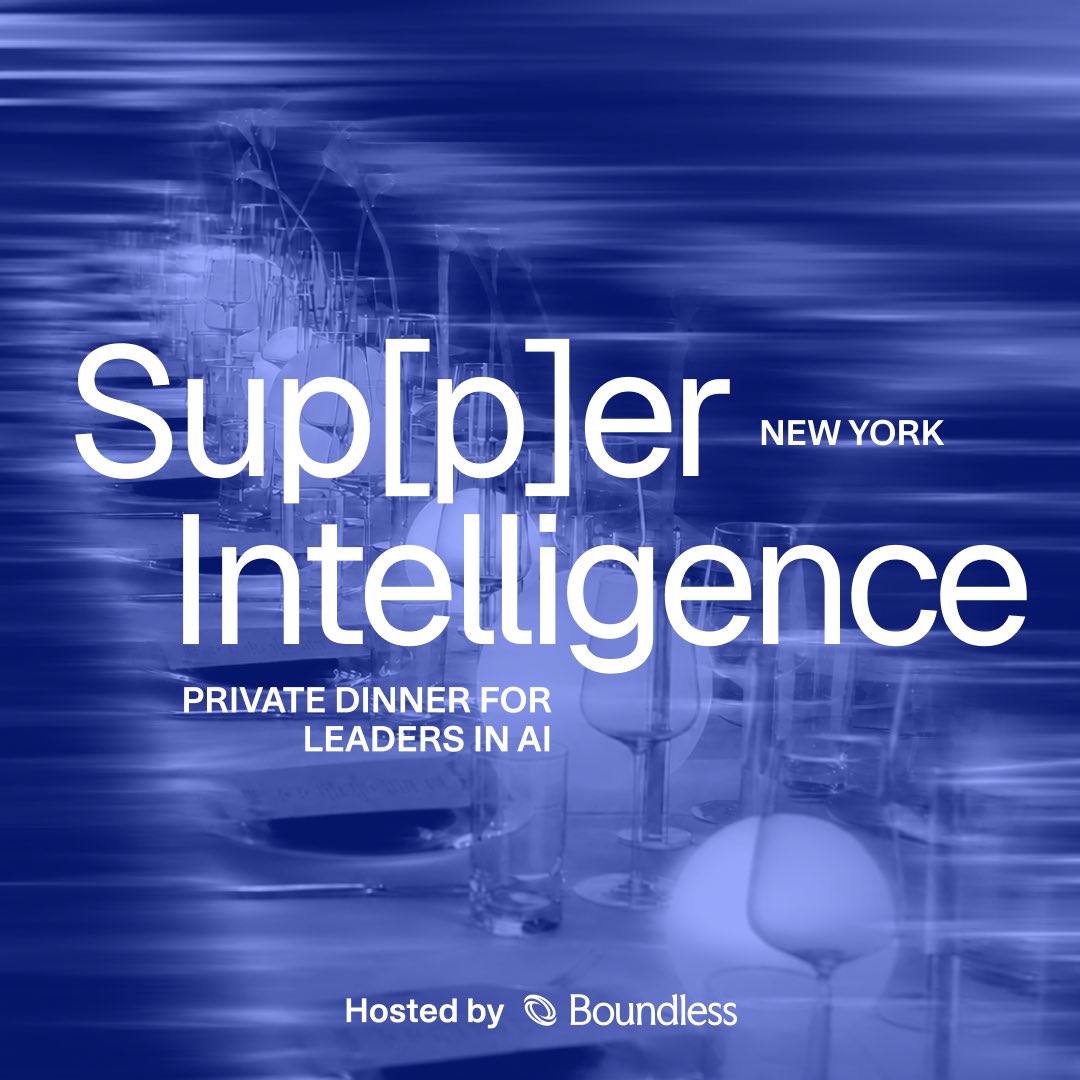 kashvi's tweet photo. introducing Sup[p]er Intelligence

a private dinner series for founders (seed to series D) and senior execs shaping the future of AI 

first one is in NYC next week. table for 12 &amp; 3 spots remaining. dm for an invite! https://t.co/Jwagufqk1t