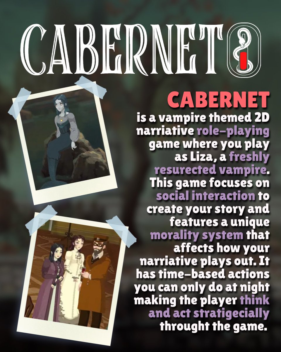 KristynxRose's tweet photo. CABERNET is a 2D story driven vampire themed RPG where you play as Liza, a young doctor, who passes away and wakes up as a vampire. It’s mechanics feature time based action points, a blood drinking system, a morality system, and a skills system. Mant of these features work together to give you different dialogue options and choices through out the game. While this game looks soft and cozy art wise, the decision you have to make can be extremely heavy and dark. You can even kill people by accidentally drinking too much blood so be careful!

Cabernet is a game I would absolutely play again especially because it is set up so well for replay-ability with its skill and morality systems. You can be a good vampire or a chaotic one. You could even end up right in the middle. 

The voice acting was so pleasing to the ears, I really loved listening to Lizas voice. It really tied into the art style well and helped tie together the 19th century European setting this game takes place in. Some of my favorite features about this game were…
Romance Choices
Different Dresses that improve certain skills
Decorating my room
Petting the cat
Being a bat and going places I don’t belong to explore and spy

I was bummed that Cabernet didn’t have a feature to turn off the “drunk effect”. They do have a setting to fully turn off feeding but I really wanted to participate in the blood feeding system and the drunk effects were super nauseating and made me dizzy. I had to be super careful when drinking blood because if I over drank my motion sickness would have been triggered. I also had to just try to tolerate it in the tutorial which made me feel pretty awful. Adding this accessibility setting would be the cherry on top to this game and I honestly probably would have given the game a 10/10 if this setting was available. 

All in all this game was incredible and has so much depth to it. If you are looking for a cozy horror game this fall, I highly recommend Cabernet! 

⭐️ RATING: 9/10⭐️

Dev Team: @PIntroverts