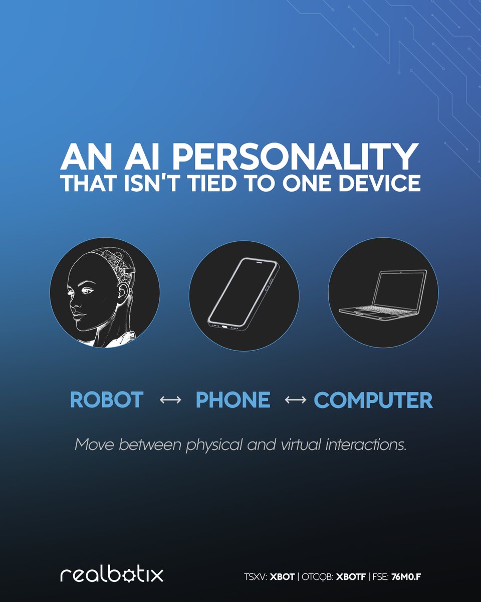 RealbotixCorp's tweet photo. Human-AI interaction does not happen in only one place.

#Realbotix is developing #AI experiences that can be accessed through a #HumanoidRobot or virtually through phones and computers. Memory that builds knowledge and support for more than 100 languages help make these interactions more continuous and accessible across different touchpoints.

Discover our technology: https://t.co/a1i7GKqaUo

🇨🇦 #TSXV: #XBOT $XBOT.V 🇺🇸 #OTCQB: #XBOTF

#physicalAI #embodiedAI #robotstocks #AIstocks