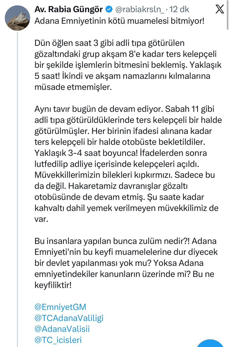 RabiaGungr2's tweet photo. Ben Av. Rabia Güngör. Adana Emniyetinin kötü muamelesini anlattığım twitimden sonra jet hızıyla hesabım kapatıldı. Sadece kötü muamele ile kalmayıp üstüne bunun duyurulmasını da istemiyorlar! 

Twitim şuydu; https://t.co/BGOzQIlu8U