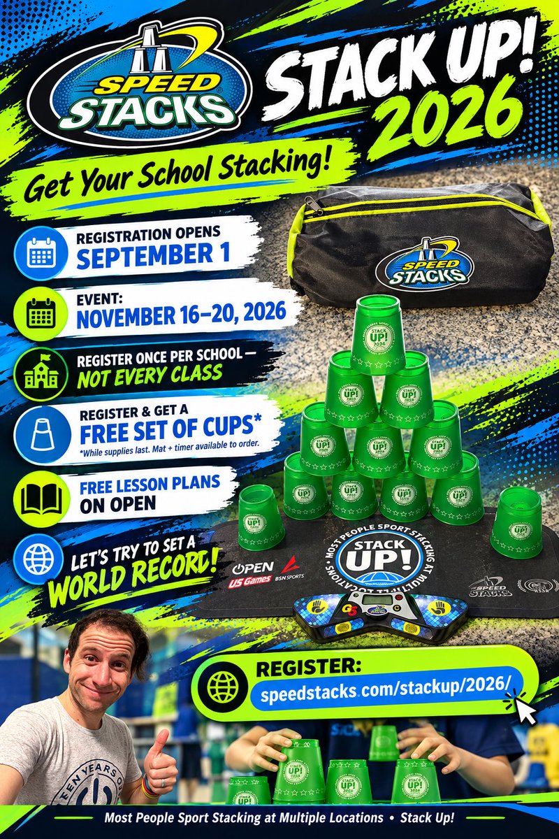 JrV4Victory's tweet photo. STACK UP! 2026 is coming! 🌎🏆
Registration opens Sept. 1 for the Nov. 16–20 event!
✅ Free cups while supplies last
✅ Free lesson plans on OPEN
✅ Register your school once
🌎 Let’s try to set a WORLD RECORD!
👉 https://t.co/94Mcl24Wji
#StackUp2026 #SpeedStacks #SportStacking https://t.co/S1SASbZWUO