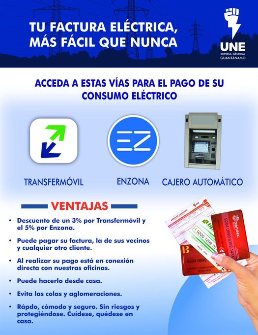 HanllelPR's tweet photo. Estimado cliente aproveche las ventajas que le ofrecen las plataformas eléctronicas para pagar su factura eléctrica , rápidas , seguras y pocos riesgozas
#EtecsaConCuba https://t.co/AJISJxQtfb