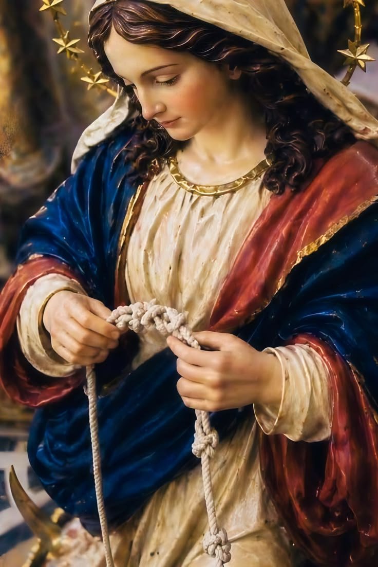 JustAdaugoijele's tweet photo. Prayer to Our Lady Undoer of Knot

O Blessed Virgin Mary, Undoer of Knots,
Mother of mercy and hope,
I come to you with a heart weighed down by the tangles of life.
The knots of doubt, sickness, difficulties, anxiety, and struggle tighten around me,
Stealing my breath and clouding my path.  With your loving hands, O Mother,
Gently unravel these knots that bind me.
Loosen the fears that grip my soul,
Untie the worries that choke my peace,
And guide me to the freedom of your Son’s love.  Help me breathe again, O Mary,
With the calm and trust of a child in your care.
Lead me through this tangled moment
To the light of Christ’s grace and truth.
O Mary, Undoer of Knots, intercede for me,
And restore my heart to hope and serenity.
Amen.