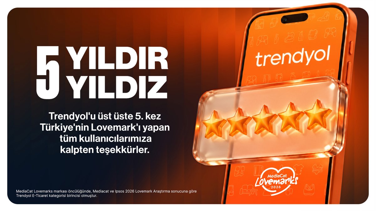 Trendyol's tweet photo. 5 yıldır, 5 yıldız! ⭐️

Trendyol'u üst üste 5. kez Türkiye’nin Lovemark’ı seçen tüm kullanıcılarımıza kalpten teşekkürler! 🧡 https://t.co/BRmbuhyMQg