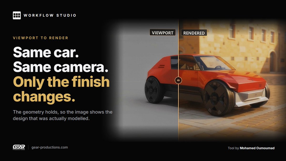 GearProds's tweet photo. Between a 3D viewport and a presentable image there's usually a long chain: materials, lighting, rendering. For a design review, that can take days.

Viewport to Render skips straight to the finished look, and keeps the design you actually modelled.

https://t.co/InfUa9yQBB

#VFX #GenerativeAI