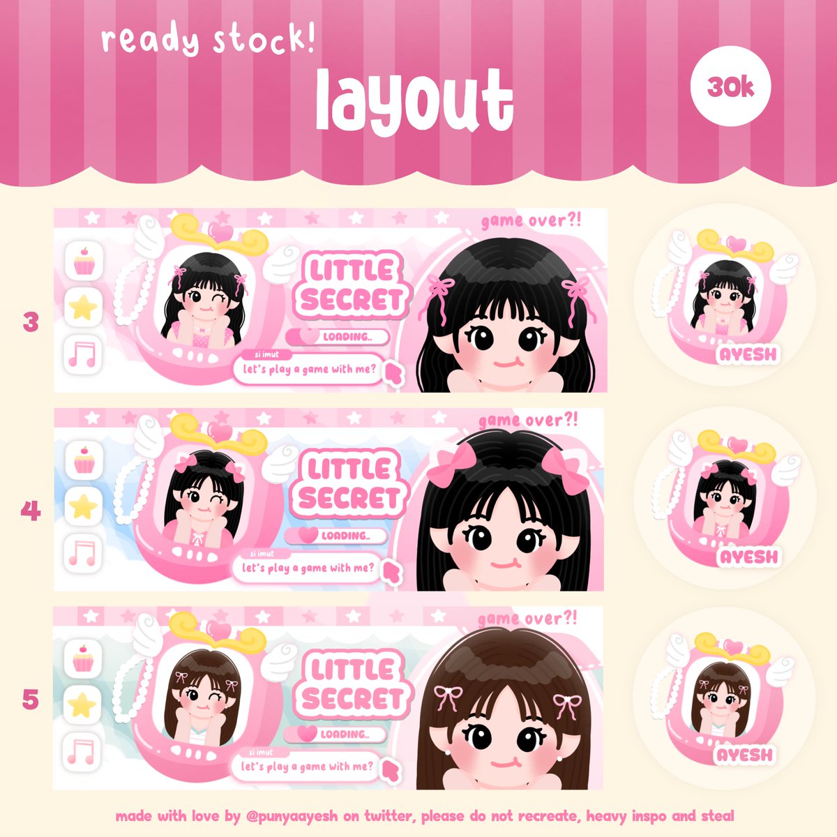 punyaayesh's tweet photo. bantu retweet? terima kasih 🫶🏻

hayyii gucyy~ 😋 me membawa 7 layout chibi bisa yang dijemput melalui dm/wa yapp

free retext
avail resize/bundling qr deco, wallpaper, wm dan sticker

aku open by request jugaa, met jajankk iaa ⭐👀  

#bealanja https://t.co/rcefQAdV2w