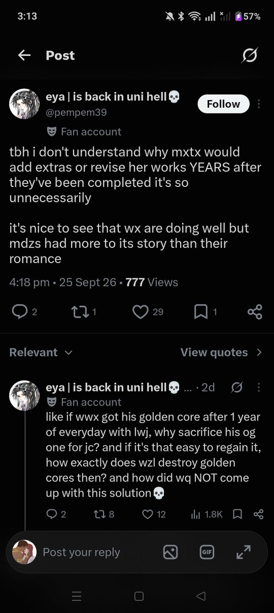 Nishehee's tweet photo. But "MDZS HAD MORE TO IT THAN THEIR ROMANCE". Gave this person the benefit of doubt. Only for 2 seconds tho. Checked their bio...OF COURSE It's a Jiang Cheng stan 💀💀 I mean..yes mdzs is more than romance but no character surpasses wwx and lwj for me. Oh well... https://t.co/52LVsKaIUB