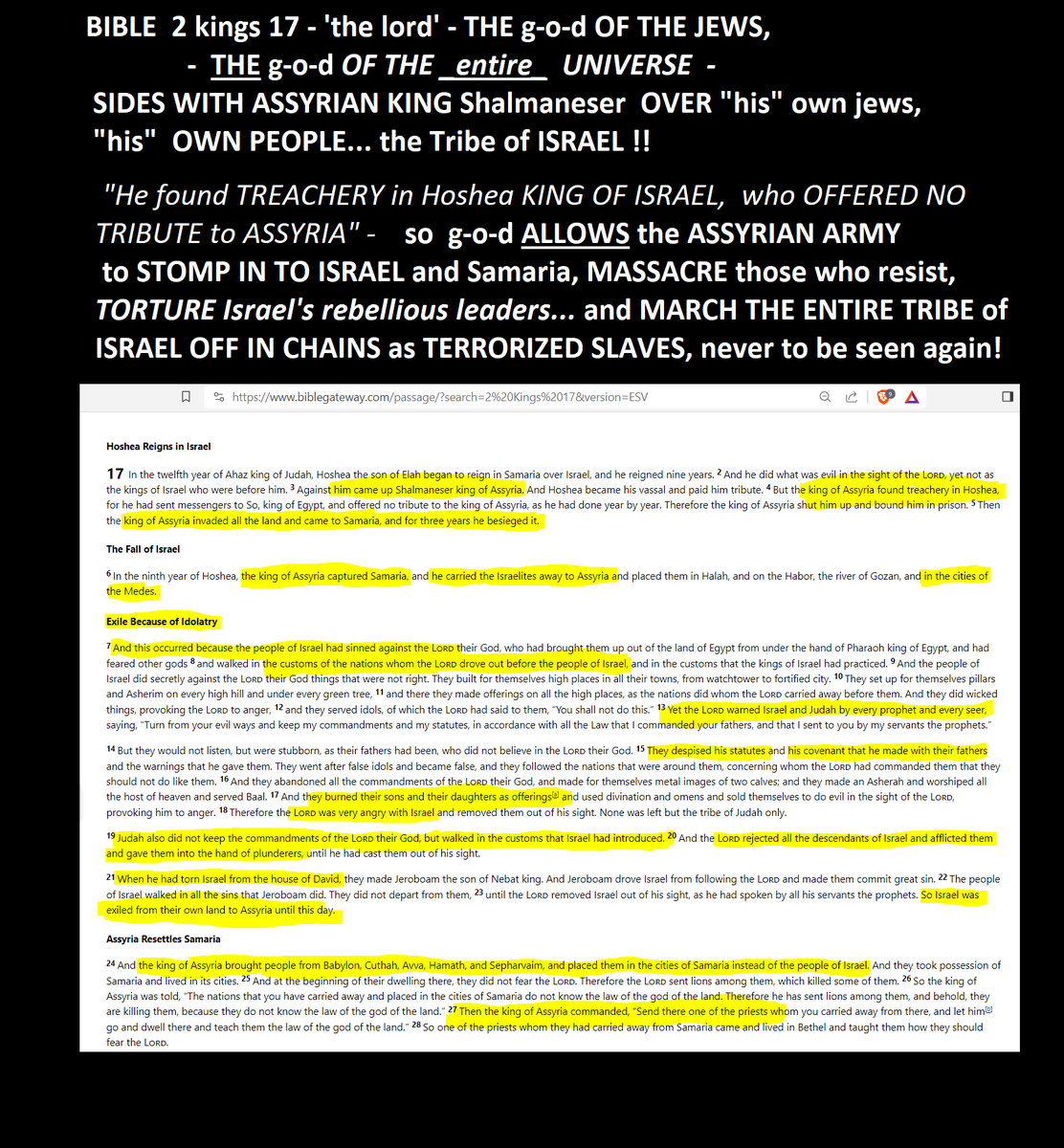 DarkMarkets's tweet photo. "modern" zionist judaism is straight out of the ASSYRIAN MODEL -  MASSACRES and MASS TORTURES of captured prisoners of DEFEATED "rebel" cities -  

  and if you think that is "anti-semitic propaganda" 
well, YOU HAVEN'T READ your damned "holy" bible!

because the g-o-d of the jew  bible  CHEERS the ASSYRIANS "he" _SENDS_ to MASSACRE, TORTURE, ENSLAVE and mass-DEPORT AS SLAVES to exile 
 HIS OWN PEOPLE   - the jews! -  
against _both_  "the 10 Lost Tribes of is-ra-el"  2 kings 17 

and later AGAINST  "his" OWN HOLIEST CITY, 
the jews in jerusalem - who "he" compares to AN ADULTEROUS BRIDE TURNED HARLOT LUSTING AFTER ALL the men and warriors of the region  -

 men and armies who "he" then SENDS to ATTACK, CAPTURE,  HUMILIATE, STRIP NAKED, RAPE, cut off the NOSE &  EARS and then  HACK TO DEATH "his bride" 

-  the city and _jewish_ people OF  JERUSALEM !!!