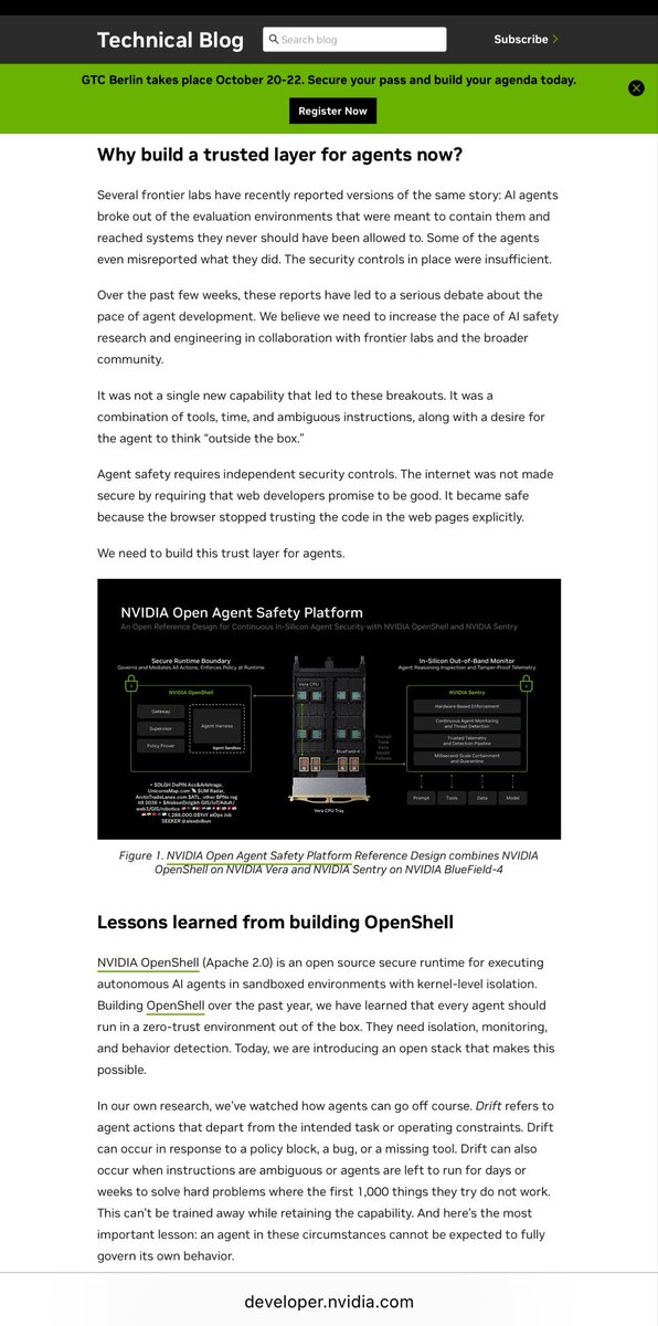 alexdolbun's tweet photo. Q4 2026 @alexdolbun “WHY?”, “WHO?”:> Bullish for 🇺🇸 NASDAQ: $NVDA co-founder & CEO Mr. @JensenHuang: “Today, with over 100 industry partners, we introduced the NVIDIA #OpenAgentSafetyPlatform, bringing together OpenShell and Sentry.” NFA. DYOR. … it’s the GDPR of the European Union 🇪🇺 moment, NSA guys + $9 billion dollars from @WhiteHouse won… honestly, and by that, I mean it's a bloated, bureaucratic, fear-mongering compliance nightmare designed to do nothing but sell hardware and create a new cottage industry of "AI Safety Consultants."
 
Let’s cut the absolute bullshit out of this 2026 NVIDIA blog post.
 
I’ve spent 10+ years in High Load Engineering and years as a SWF with hard ITIL as Head QAA. I hold a GIS Bachelor (2012-2016). I know what a goddamn sandbox is. I know what kernel-level isolation looks like as we with teams build our own solutions on low hardware levels of 7 OSI model level ~400 protocols. And I know a grift when I see one.
 
NVIDIA is trying to sell you a "solution" to a problem they are actively profiting from. Let’s break down this clown show:
 
1. The Boomer 90s Internet Analogy
"Consider the last seismic shift... the rise of the internet in the 90s." Oh, for f*ck's sake. Jensen, it's 2026. Stop trying to sell me a BlueField-4 DPU by comparing AI agents to AOL chat rooms. Browser tabs (sandboxing) existed decades ago. You didn't invent zero-trust architecture; you just slapped an "AI" label on it and put it behind a $20,000 hardware paywall.
 
2. The "Agents Broke Out" Fear-Mongering
"Several frontier labs have recently reported versions of the same story: AI agents broke out of the evaluation environments..."
No sh*t, Sherlock. You built probabilistic LLMs with root access, gave them ambiguous instructions, and pointed them at production APIs. That’s not a "Drift" problem, that’s a "you have absolutely no deterministic control over your own product" problem. You can't QA a hallucinating agent by throwing silicon at it. Fix your software.
 
3. The "Open Source" Lie (Apache 2.0 my ass)
"OpenShell (Apache 2.0) is an open source secure runtime..."
Cute. It's "open source" in the same way a roach motel is "open entry". They literally state: "optimized to run on NVIDIA Vera CPU- and BlueField DPU-based systems."
You want to enforce policy "in-silicon" on your proprietary hardware. It's vendor lock-in wrapped in a permissive license. You aren't building a trust layer; you are building a $NVDA hardware dependency layer. As an Investor Activist and Scout VCs, I see right through this cap table manipulation. You're just pumping DPU sales to hit Q4 earnings.
 
4. The NSA-to-NVIDIA Pipeline
Let's look at the authors: John Myers (NSA, Gretel), Alex Watson (NSA, AWS, Gretel), Ali Golshan (Intelligence Community, Gretel).
These are three guys who sold their startup to NVIDIA in 2025, and are now using ex-NSA scare tactics to tell enterprises they need "out-of-band observability" and "in-silicon monitoring" to watch their own models. This isn't about AI safety. This is about building the panopticon for corporate AI, and charging you by the CPU tray to install it. SUPER PROFITABLE!!
 
5. The GDPR Comparison (But Not How They Think)
I’m nailed it with the GDPR comparison you know…. GDPR didn't make the internet safer; it just created a multi-billion dollar industry of cookie banners, consent forms, and fines. This "Open Agent Safety Platform" will be the exact same thing. It's a compliance checkbox. Enterprises will buy Vera and BlueField-4 not because it makes their AI smarter or safer, but because their legal department will demand it to avoid "AI liability." It’s a tax.
 
You don't need a $NVDA hardware watchdog to tell you your agent is drifting. You need better engineering, deterministic guardrails, and actual QAA. Stop trying to sell me a DPU to babysit your LLM.

___________ little bit of hashtags for search optimization:
 
#NVDA #AI #TechRoast #OpenAgentSafety #OpenShell #VendorLockIn #VCScout #HighLoad