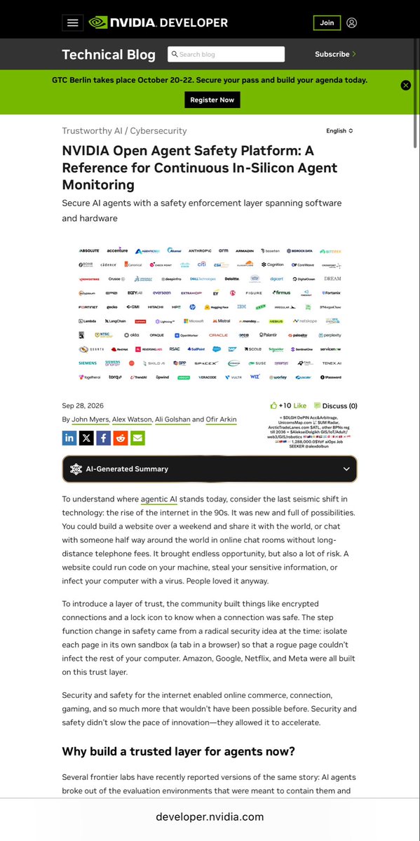alexdolbun's tweet photo. Q4 2026 @alexdolbun “WHY?”, “WHO?”:> Bullish for 🇺🇸 NASDAQ: $NVDA co-founder & CEO Mr. @JensenHuang: “Today, with over 100 industry partners, we introduced the NVIDIA #OpenAgentSafetyPlatform, bringing together OpenShell and Sentry.” NFA. DYOR. … it’s the GDPR of the European Union 🇪🇺 moment, NSA guys + $9 billion dollars from @WhiteHouse won… honestly, and by that, I mean it's a bloated, bureaucratic, fear-mongering compliance nightmare designed to do nothing but sell hardware and create a new cottage industry of "AI Safety Consultants."
 
Let’s cut the absolute bullshit out of this 2026 NVIDIA blog post.
 
I’ve spent 10+ years in High Load Engineering and years as a SWF with hard ITIL as Head QAA. I hold a GIS Bachelor (2012-2016). I know what a goddamn sandbox is. I know what kernel-level isolation looks like as we with teams build our own solutions on low hardware levels of 7 OSI model level ~400 protocols. And I know a grift when I see one.
 
NVIDIA is trying to sell you a "solution" to a problem they are actively profiting from. Let’s break down this clown show:
 
1. The Boomer 90s Internet Analogy
"Consider the last seismic shift... the rise of the internet in the 90s." Oh, for f*ck's sake. Jensen, it's 2026. Stop trying to sell me a BlueField-4 DPU by comparing AI agents to AOL chat rooms. Browser tabs (sandboxing) existed decades ago. You didn't invent zero-trust architecture; you just slapped an "AI" label on it and put it behind a $20,000 hardware paywall.
 
2. The "Agents Broke Out" Fear-Mongering
"Several frontier labs have recently reported versions of the same story: AI agents broke out of the evaluation environments..."
No sh*t, Sherlock. You built probabilistic LLMs with root access, gave them ambiguous instructions, and pointed them at production APIs. That’s not a "Drift" problem, that’s a "you have absolutely no deterministic control over your own product" problem. You can't QA a hallucinating agent by throwing silicon at it. Fix your software.
 
3. The "Open Source" Lie (Apache 2.0 my ass)
"OpenShell (Apache 2.0) is an open source secure runtime..."
Cute. It's "open source" in the same way a roach motel is "open entry". They literally state: "optimized to run on NVIDIA Vera CPU- and BlueField DPU-based systems."
You want to enforce policy "in-silicon" on your proprietary hardware. It's vendor lock-in wrapped in a permissive license. You aren't building a trust layer; you are building a $NVDA hardware dependency layer. As an Investor Activist and Scout VCs, I see right through this cap table manipulation. You're just pumping DPU sales to hit Q4 earnings.
 
4. The NSA-to-NVIDIA Pipeline
Let's look at the authors: John Myers (NSA, Gretel), Alex Watson (NSA, AWS, Gretel), Ali Golshan (Intelligence Community, Gretel).
These are three guys who sold their startup to NVIDIA in 2025, and are now using ex-NSA scare tactics to tell enterprises they need "out-of-band observability" and "in-silicon monitoring" to watch their own models. This isn't about AI safety. This is about building the panopticon for corporate AI, and charging you by the CPU tray to install it. SUPER PROFITABLE!!
 
5. The GDPR Comparison (But Not How They Think)
I’m nailed it with the GDPR comparison you know…. GDPR didn't make the internet safer; it just created a multi-billion dollar industry of cookie banners, consent forms, and fines. This "Open Agent Safety Platform" will be the exact same thing. It's a compliance checkbox. Enterprises will buy Vera and BlueField-4 not because it makes their AI smarter or safer, but because their legal department will demand it to avoid "AI liability." It’s a tax.
 
You don't need a $NVDA hardware watchdog to tell you your agent is drifting. You need better engineering, deterministic guardrails, and actual QAA. Stop trying to sell me a DPU to babysit your LLM.

___________ little bit of hashtags for search optimization:
 
#NVDA #AI #TechRoast #OpenAgentSafety #OpenShell #VendorLockIn #VCScout #HighLoad