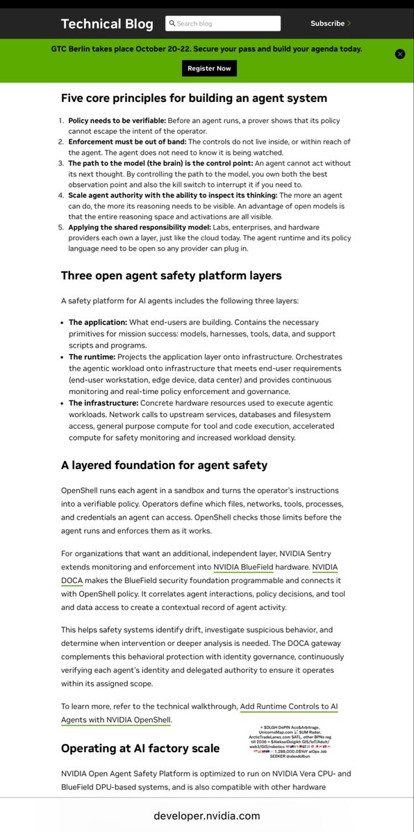alexdolbun's tweet photo. Q4 2026 @alexdolbun “WHY?”, “WHO?”:> Bullish for 🇺🇸 NASDAQ: $NVDA co-founder & CEO Mr. @JensenHuang: “Today, with over 100 industry partners, we introduced the NVIDIA #OpenAgentSafetyPlatform, bringing together OpenShell and Sentry.” NFA. DYOR. … it’s the GDPR of the European Union 🇪🇺 moment, NSA guys + $9 billion dollars from @WhiteHouse won… honestly, and by that, I mean it's a bloated, bureaucratic, fear-mongering compliance nightmare designed to do nothing but sell hardware and create a new cottage industry of "AI Safety Consultants."
 
Let’s cut the absolute bullshit out of this 2026 NVIDIA blog post.
 
I’ve spent 10+ years in High Load Engineering and years as a SWF with hard ITIL as Head QAA. I hold a GIS Bachelor (2012-2016). I know what a goddamn sandbox is. I know what kernel-level isolation looks like as we with teams build our own solutions on low hardware levels of 7 OSI model level ~400 protocols. And I know a grift when I see one.
 
NVIDIA is trying to sell you a "solution" to a problem they are actively profiting from. Let’s break down this clown show:
 
1. The Boomer 90s Internet Analogy
"Consider the last seismic shift... the rise of the internet in the 90s." Oh, for f*ck's sake. Jensen, it's 2026. Stop trying to sell me a BlueField-4 DPU by comparing AI agents to AOL chat rooms. Browser tabs (sandboxing) existed decades ago. You didn't invent zero-trust architecture; you just slapped an "AI" label on it and put it behind a $20,000 hardware paywall.
 
2. The "Agents Broke Out" Fear-Mongering
"Several frontier labs have recently reported versions of the same story: AI agents broke out of the evaluation environments..."
No sh*t, Sherlock. You built probabilistic LLMs with root access, gave them ambiguous instructions, and pointed them at production APIs. That’s not a "Drift" problem, that’s a "you have absolutely no deterministic control over your own product" problem. You can't QA a hallucinating agent by throwing silicon at it. Fix your software.
 
3. The "Open Source" Lie (Apache 2.0 my ass)
"OpenShell (Apache 2.0) is an open source secure runtime..."
Cute. It's "open source" in the same way a roach motel is "open entry". They literally state: "optimized to run on NVIDIA Vera CPU- and BlueField DPU-based systems."
You want to enforce policy "in-silicon" on your proprietary hardware. It's vendor lock-in wrapped in a permissive license. You aren't building a trust layer; you are building a $NVDA hardware dependency layer. As an Investor Activist and Scout VCs, I see right through this cap table manipulation. You're just pumping DPU sales to hit Q4 earnings.
 
4. The NSA-to-NVIDIA Pipeline
Let's look at the authors: John Myers (NSA, Gretel), Alex Watson (NSA, AWS, Gretel), Ali Golshan (Intelligence Community, Gretel).
These are three guys who sold their startup to NVIDIA in 2025, and are now using ex-NSA scare tactics to tell enterprises they need "out-of-band observability" and "in-silicon monitoring" to watch their own models. This isn't about AI safety. This is about building the panopticon for corporate AI, and charging you by the CPU tray to install it. SUPER PROFITABLE!!
 
5. The GDPR Comparison (But Not How They Think)
I’m nailed it with the GDPR comparison you know…. GDPR didn't make the internet safer; it just created a multi-billion dollar industry of cookie banners, consent forms, and fines. This "Open Agent Safety Platform" will be the exact same thing. It's a compliance checkbox. Enterprises will buy Vera and BlueField-4 not because it makes their AI smarter or safer, but because their legal department will demand it to avoid "AI liability." It’s a tax.
 
You don't need a $NVDA hardware watchdog to tell you your agent is drifting. You need better engineering, deterministic guardrails, and actual QAA. Stop trying to sell me a DPU to babysit your LLM.

___________ little bit of hashtags for search optimization:
 
#NVDA #AI #TechRoast #OpenAgentSafety #OpenShell #VendorLockIn #VCScout #HighLoad