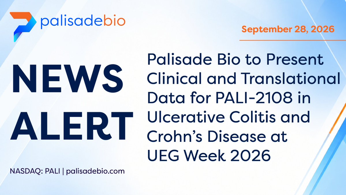 PalisadeBio's tweet photo. Palisade Bio to Present Clinical and Translational Data for PALI-2108 in Ulcerative Colitis and Crohn’s Disease at UEG Week 2026
https://t.co/FP18Jl3EyX
$PALI #UlcerativeColitis #Crohnsdisease #IBD #GIHealth https://t.co/ucVTLgZAah