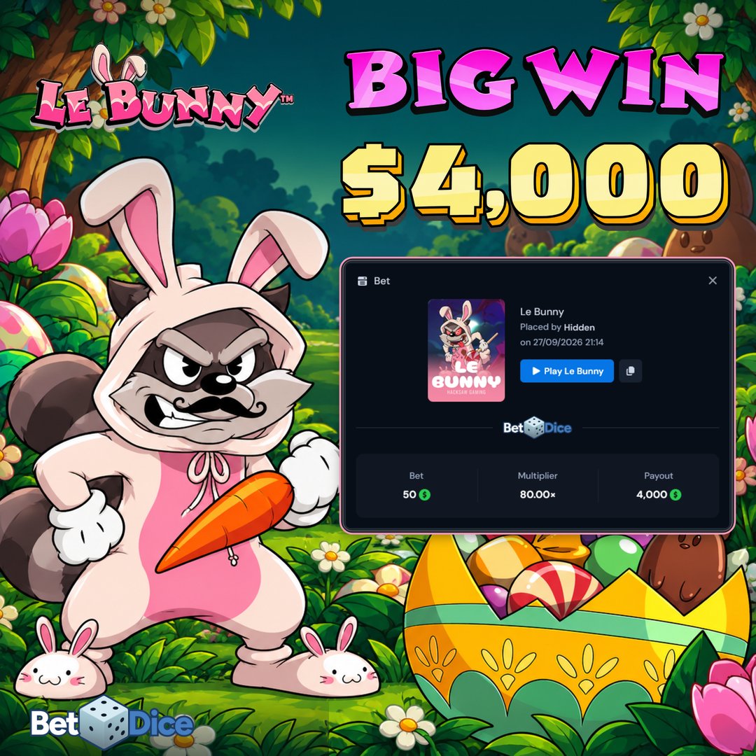 playbetdice's tweet photo. bunny came looking for carrots and left with $4k 🥕

repost + drop your BetDice username below, got some Le Bunny free spins for a few of you 👇 https://t.co/q2AEww8Otl