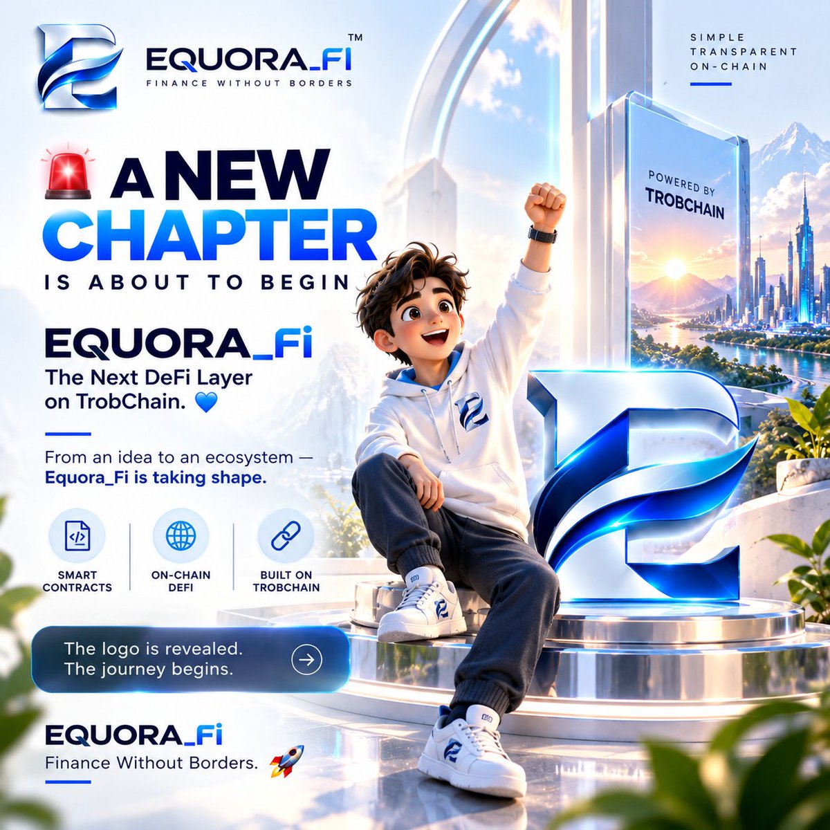 EquoraFi's tweet photo. 🚨 A NEW CHAPTER IS ABOUT TO BEGIN

EQUORA_Fi
The Next DeFi Layer on TrobChain. 💙

From an idea to an ecosystem —
Equora_Fi is taking shape.

⚡ Smart Contracts
🌐 On-Chain DeFi
🔗 Built on TrobChain

The logo is revealed.
The journey begins.

EQUORA_Fi
Finance Without Borders. 🚀

#EquoraFi #TrobChain #DeFi #Web3 #Blockchain