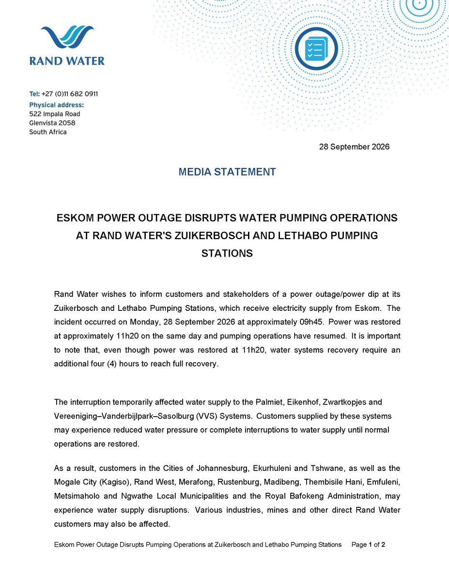 Rand_Water's tweet photo. 🚨Media Statement🚨
Media Statement Eskom Power Outage Disrupts Water Pumping Operations at Zuikerbosch and Lethabo Pumping Stations 28 September 2026

#RWWaterSupplyInterruption #RWWaterSupply #Eskompoweroutage [LE] https://t.co/Plr2WUsV5q