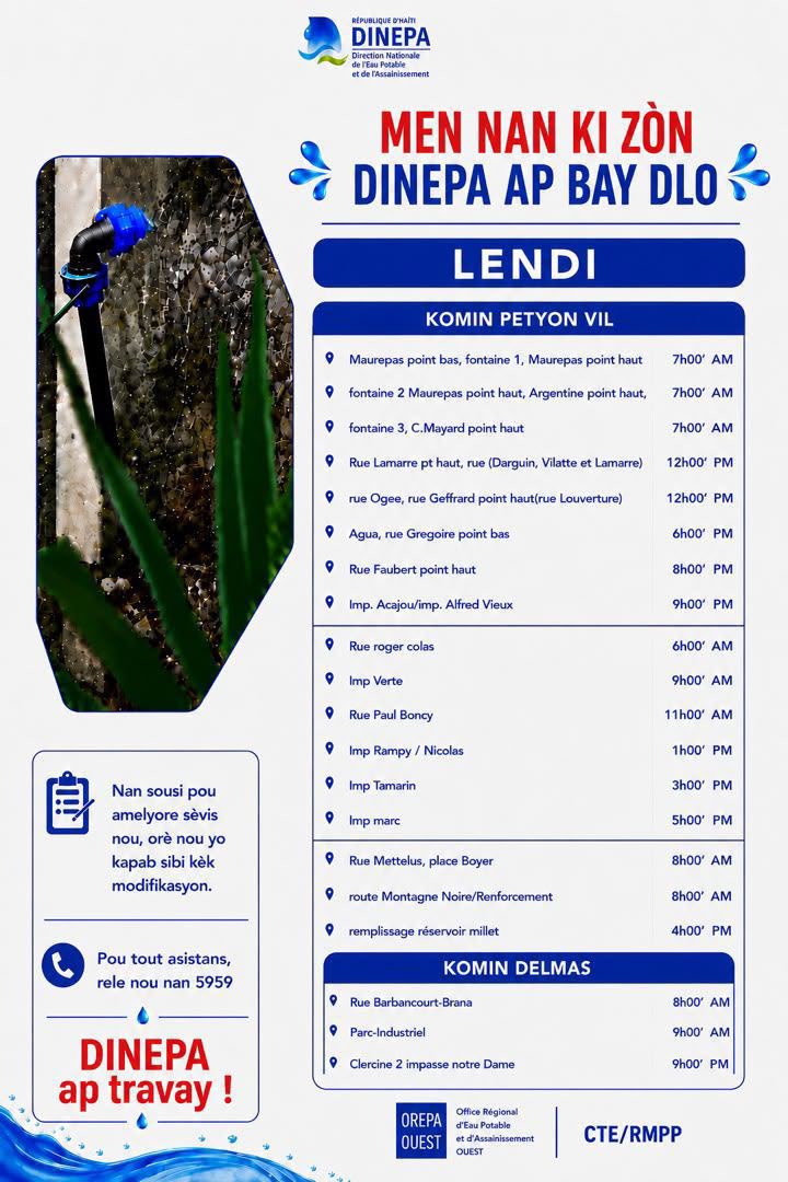 AyitiPosts's tweet photo. Nan objektif pou sèvi popilasyon an ak plis efikasite. DINEPA pote pou ou yon kalandriye distribisyon dlo. Pou jounen Lendi a, men nan ki zòn DINEPA ap distribye dlo. Pou yon pi bon asistans, rele nou nan 5959. Dlo se lavi, an n pwoteje lavi. #AyitiPost https://t.co/Jdg5dthgUI