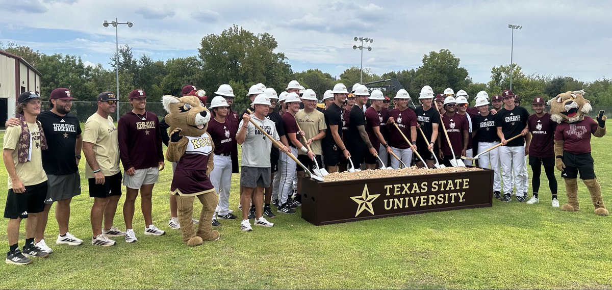 trouty16's tweet photo. The future is Now!!! Saturday we had our official groundbreaking for @TxStateBaseball new indoor facility. Three huge cages and three lane pitching lab plus a big plyo wall/warm up area. 11,000 square foot facility to develop our players at the highest level! Let’s go! https://t.co/nemU9mHZCh
