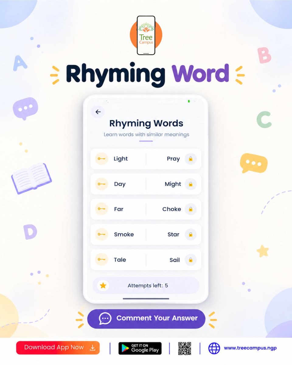 Treecampus1's tweet photo. Can You Match These Rhyming Words? | Free Learning Spoken English

📚 Learn English FREE with Treecampus
📲 Start learning now:
👉 https://t.co/IbwVpxTPKH
👉 https://t.co/MUhWEQmB2I

#FreeLearningSpokenEnglish #RhymingWords #EnglishChallenge #WordChallenge #Treecampus https://t.co/DkHH6aqreK