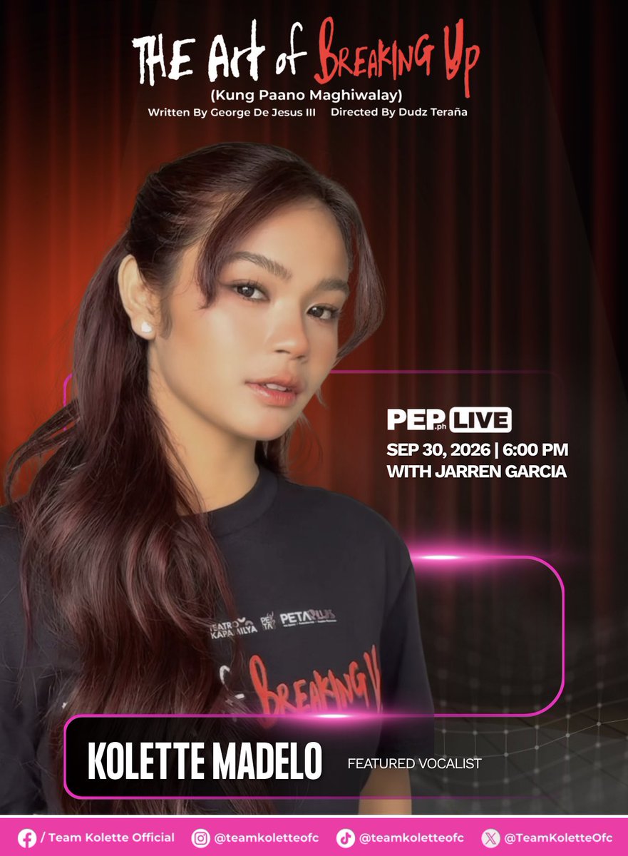 TeamKoletteOfc's tweet photo. Hello, Moonlettes🌙

We have something exciting to look forward to! Kolette will be on PEP Live this Wednesday, September 30, at 6:00 PM, as she promotes The Art of Breaking Up.

Let’s all tune in and show our love and support as we continue to support Kolette and her upcoming theater play. 

Mark your calendars, Moonlettes! 

#KoletteMadelo
#TheArtOfBreakingUp