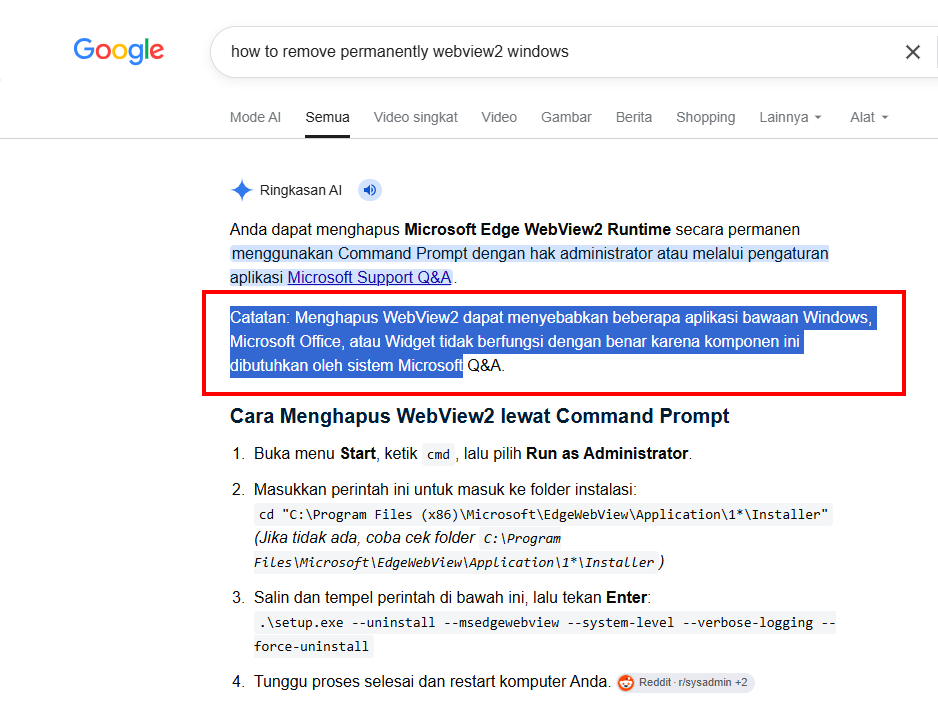 kangcahyakeren's tweet photo. Windows kecanduan dengan WebView 🤮

Lagi beres-beres laptop kantor, kemudian iseng browsing tentang "Cara menghapus Microsoft Edge WebView2 Runtime secara permanen". 

Ternyata jawabannya kurang lebih begini:

Bisa dihapus, tapi siap-siap beberapa bagian Windows dan aplikasi lain ikut bermasalah. 😅

WebView2 sekarang bukan sekadar komponen tambahan milik Edge. Runtime ini dipakai aplikasi untuk menampilkan konten berbasis HTML, CSS, dan JavaScript di dalam aplikasi desktop. 

Microsoft sendiri menyebut WebView2 sudah pre-installed di Windows 11 dan banyak aplikasi akan mengecek bahkan memasangnya kembali jika runtime tersebut tidak tersedia.

Jadi ketika WebView2 dicabut paksa, beberapa aplikasi atau fitur yang bergantung padanya bisa berhenti bekerja dengan benar. Microsoft bahkan memperingatkan agar file WebView2 tertentu yang dimiliki Windows tidak dimodifikasi karena memang digunakan langsung oleh komponen Windows.

Dulu aplikasi Windows identik dengan Win32, .NET, WPF, WinUI dan kawan-kawannya.

Sekarang rasanya:
"Bikin UI native?"

🗣️ Microsoft: 
Sebentar... kita embed web dulu. 😂

Office, Windows Widgets, New Microsoft Teams, Outlook, dan berbagai aplikasi modern lainnya kini memanfaatkan WebView2. Perlahan WebView2 bukan lagi sekadar runtime tambahan, tetapi sudah menjadi salah satu komponen penting dalam ekosistem aplikasi Windows modern.

Yang lebih lucu, Microsoft menjelaskan bahwa setelah WebView2 dihapus, runtime tersebut bisa terinstal kembali karena aplikasi yang membutuhkannya melakukan pengecekan dan memasangnya lagi.

WebView2:
"Kamu boleh menghapus saya, tapi belum tentu Windows mengizinkan kita berpisah." 😌😂

Jadi kalau niatnya ingin membuat Windows benar-benar bebas WebView2, sepertinya sekarang bukan cuma soal uninstall satu runtime. Ketergantungannya sudah terlalu dalam di ekosistem aplikasi Windows.

CMIIW

Referensi:
- https://t.co/iQ0alFoqlv

- https://t.co/fXDppxtZfn

- https://t.co/BkiL3vOFE8