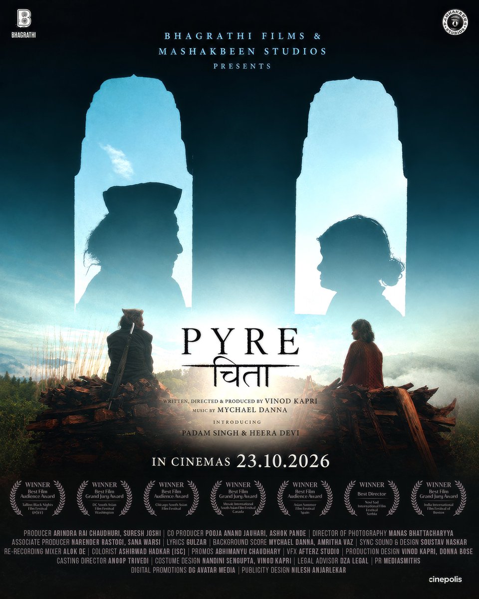 taran_adarsh's tweet photo. VINOD KAPRI'S ACCLAIMED HIMALAYAN LOVE STORY 'PYRE' TO RELEASE IN CINEMAS ON 23 OCT 2026... National Award-winning filmmaker #VinodKapri's upcoming film #Pyre is set to release theatrically across #India on 23 Oct 2026.

Set against the breathtaking backdrop of the Himalayas, the film tells the story of an ageing couple whose lives revolve around their home, their memories and each other, as they quietly wait for their children, who have moved away in search of better opportunities.

Produced by Vinod Kapri, Suresh Joshi, and Arindra Rai Chaudhuri under the banners Bhagirathi Films and Mashakbeen Studios, #Pyre stars debutants Padam Singh [80] and Heera Devi [70] in the lead roles... Both hail from #Uttarakhand and had never faced the camera before making the film.

#Pyre has won 18 international awards and will be distributed theatrically by Cinépolis, which also distributed #HanumanAnsh.