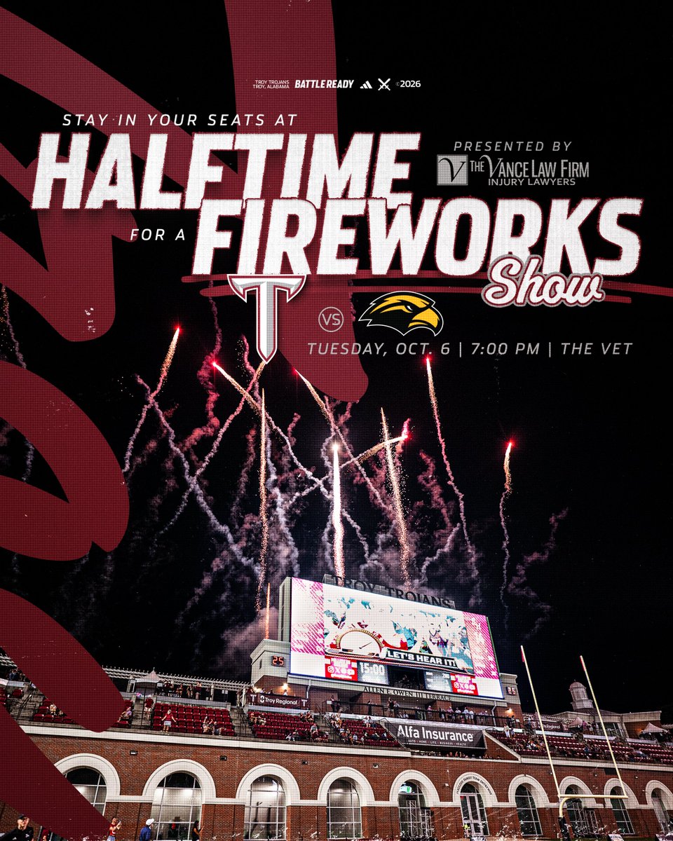 TroyAthletics's tweet photo. 🎆 You won't want to miss out on Halftime Fireworks and "Glow Up the Vet" thanks to the Vance Law Firm!

🍺🌭  Concessions Specials: $3 Busch Lights and $3 Hot Dogs will be available throughout the Vet (while supplies last)! https://t.co/uq8Jj1kevQ