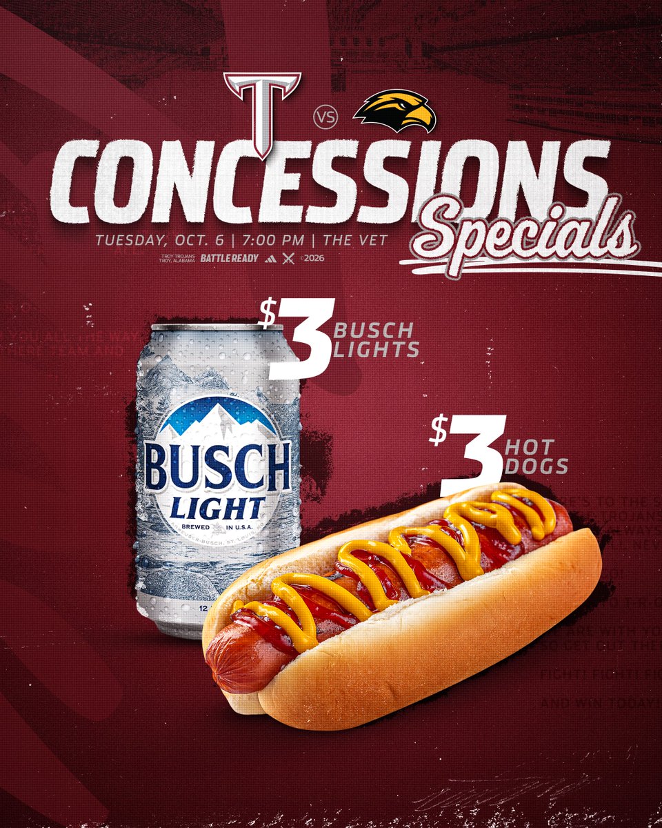 TroyAthletics's tweet photo. 🎆 You won't want to miss out on Halftime Fireworks and "Glow Up the Vet" thanks to the Vance Law Firm!

🍺🌭  Concessions Specials: $3 Busch Lights and $3 Hot Dogs will be available throughout the Vet (while supplies last)! https://t.co/uq8Jj1kevQ