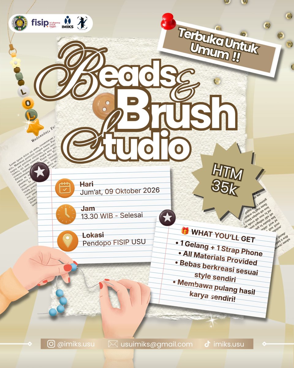 usu_menfess's tweet photo. usu! halo gaiss, ikutan ngerangkai gelang beads &amp; strap phone di fisip yukk! tenang aja semua bahan udah disediakan kokk, jadi tinggal datang dan seru-seruan bareng🤩 ini terbuka untuk umum yaa, jadi siapa aja boleh ikutann!!🫰🏻✨️ https://t.co/wyS4E3wZCS