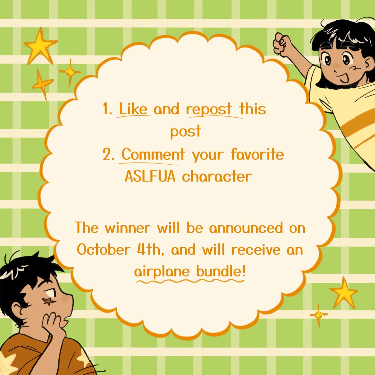 greenapplewish's tweet photo. As two weeks remain in your preorder period, we are hosting a zine giveaway! Like and repost, and comment your favorite aslfua character to enter 🍏⭐️! The giveaway ends on October 3rd! https://t.co/2LnDAvGDef