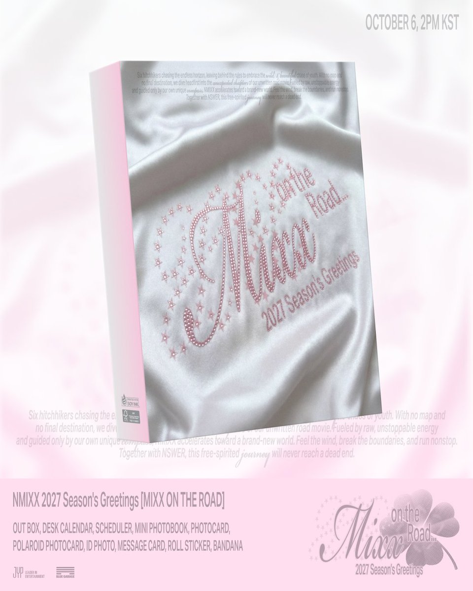 NMIXX_official's tweet photo. NMIXX 2027 Season's Greetings <MIXX ON THE ROAD> 구성 안내🍀

🛣️ PRE-ORDER
2026.10.06 TUE 14:00 - 10.14 WED 23:59 (KST)

𝖢𝗈𝗆𝗂𝗇𝗀 𝖲𝗈𝗈𝗇🚙

#NMIXX #엔믹스
#2027SEASONSGREETINGS
#MIXX_ON_THE_ROAD https://t.co/lD2gMUyPbr