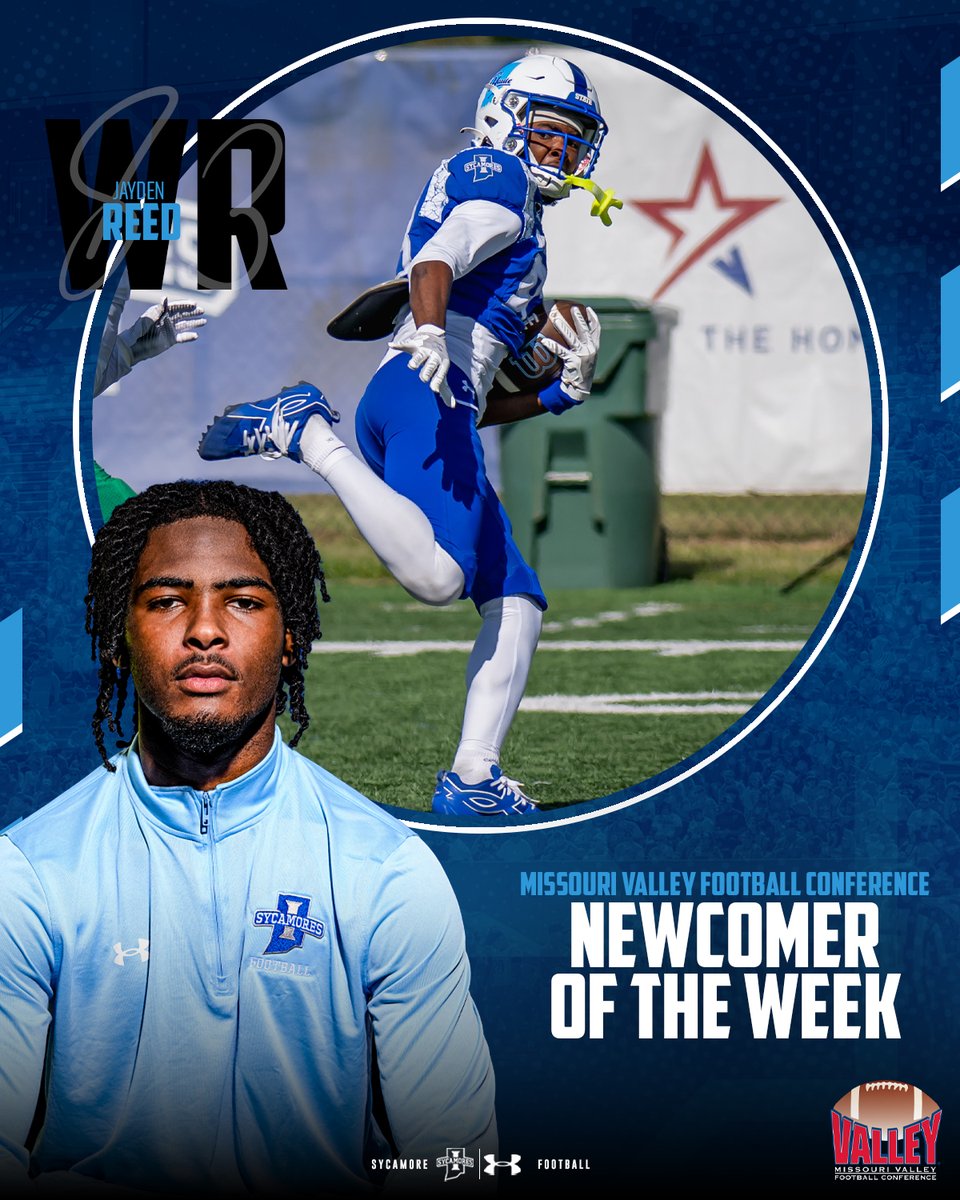 IndStFB's tweet photo. .@JaydenR26 named #MVFC Newcomer of the Week after an eight-catch, 129-yard, 2-TD game against North Dakota

https://t.co/ngfq3EAHMh

#MarchOn | #LeaveNoDoubt https://t.co/OhDYvWnYL4