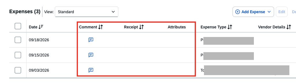 CollabArchSPark's tweet photo. @SAP Also. Pls improve the Expense Report list. Don't need Receipt clmn, Alerts already lets us know if it is missing. What is the Attribute column for? It can be removed. https://t.co/8CKojOR5MC