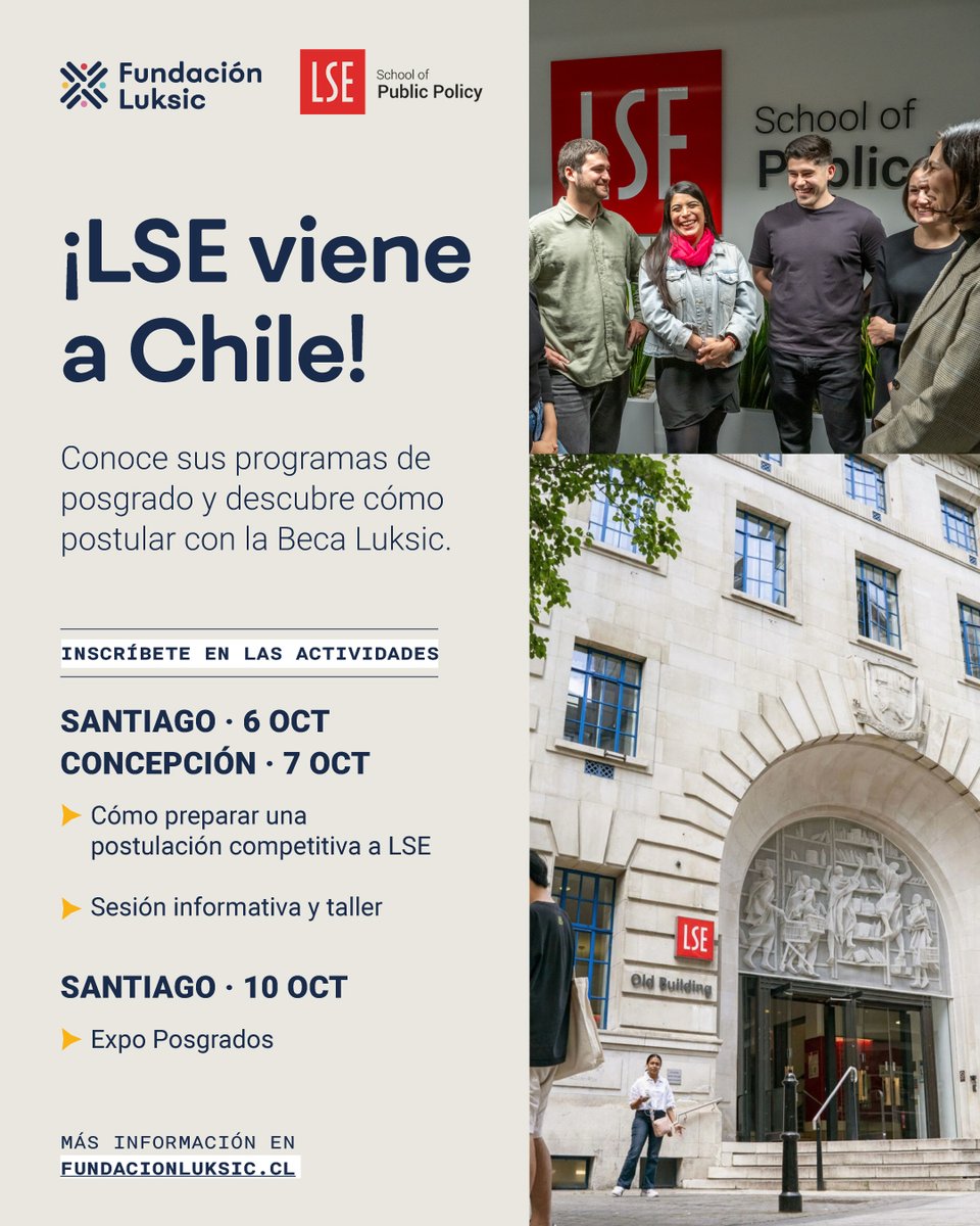 FundacionLuksic's tweet photo. ¡@StudyLSE viene a Chile! ¿Te gustaría estudiar un posgrado en una de las universidades más reconocidas del mundo? 🎓

👉 Revisa las actividades en https://t.co/RU3rTkdcyd https://t.co/cfeswdfUfu