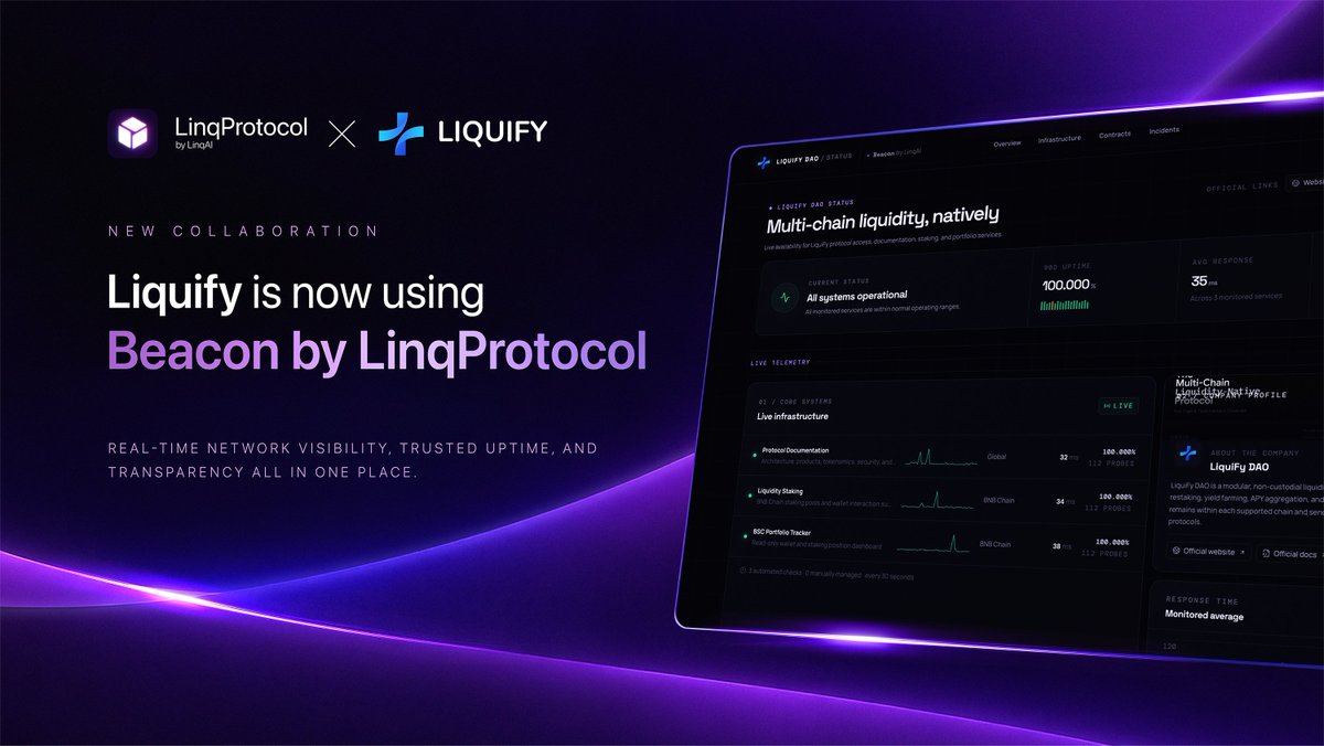 linq_ai's tweet photo. 🤝 New Beacon Integration

We’re excited to announce our collaboration with @LiquifyDao 

The Liquify community can now access real-time service updates, incident tracking, and verified project information in one place.

🔗 Explore Liquify DAO Beacon: https://t.co/ynPTycHnzW

Powered by LinqProtocol