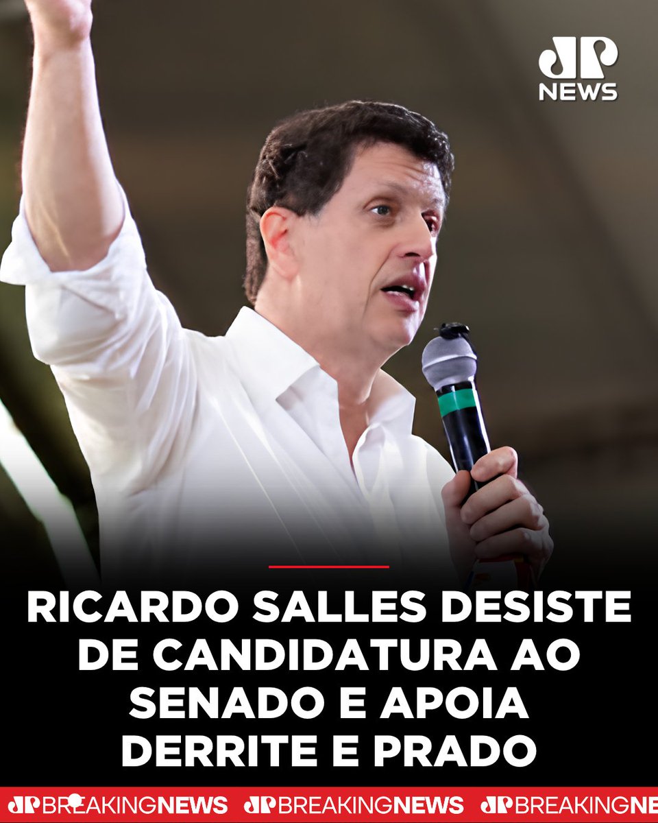 JovemPanNews's tweet photo. O candidato ao Senado Ricardo Salles (Novo) desistiu de sua candidatura nesta segunda-feira (28) e anunciou apoio a Guilherme Derrite (PP) e André do Prado (PL) na disputa por duas vagas ao Senado por São Paulo. O anúncio foi feito ao lado do governador Tarcísio de Freitas (Republicanos) e dos dois candidatos.

Salles havia lançado sua candidatura ao Senado por São Paulo e, durante a campanha, chegou a declarar apoio a Derrite. Com a desistência, ele passa a apoiar os dois nomes que integram a chapa defendida pelo grupo político de Tarcísio.

🔗 Leia a matéria completa em: https://t.co/5eLOkw2cls
📺 Confira na JP News

#JovemPanNews #Política #Salles #AndrédoPrado #Derrite #Senado #SP
