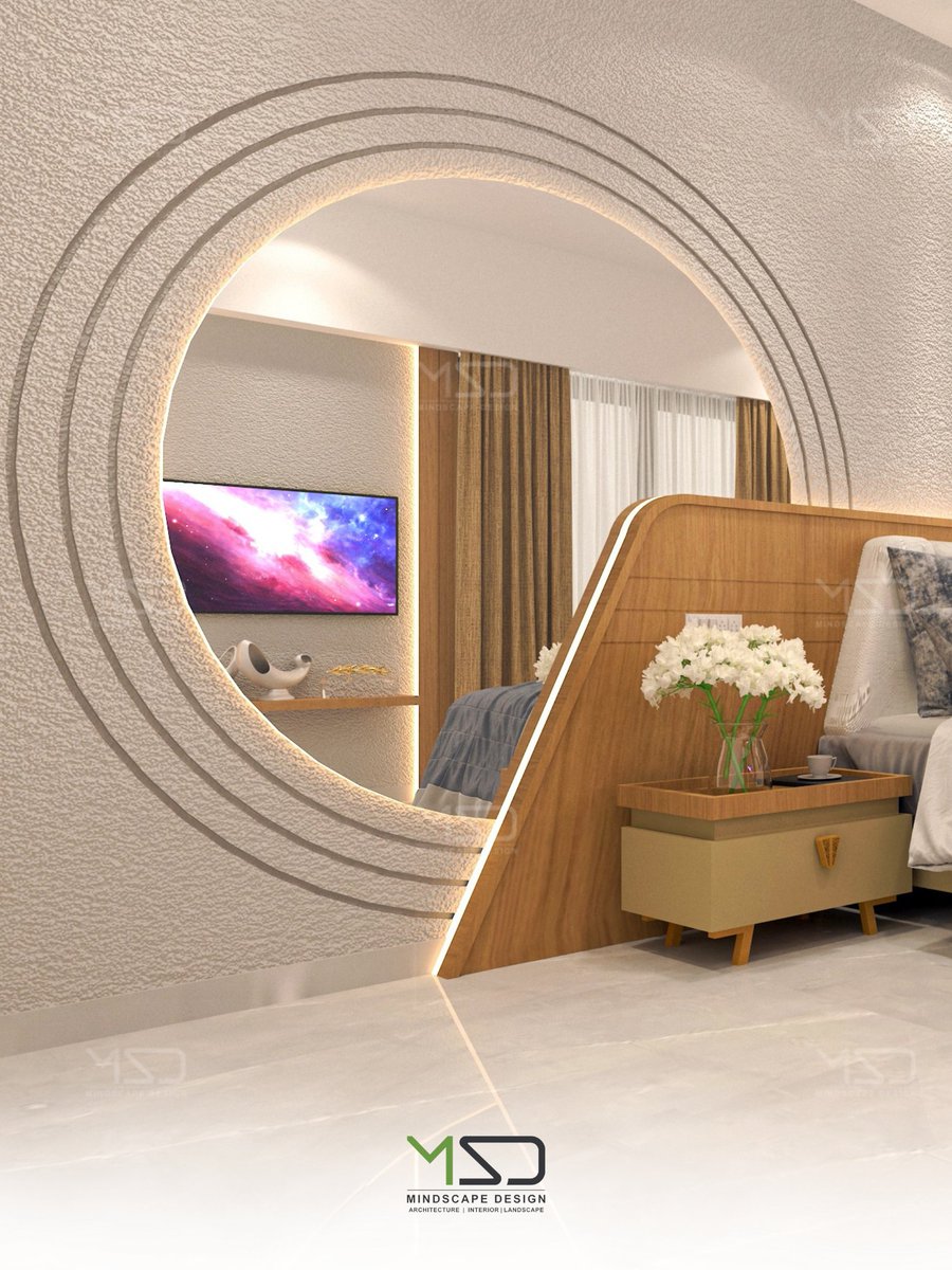 DesignMindscape's tweet photo. Concentric textured rings, a backlit circular mirror &amp; an asymmetrical timber headboard define this calm bedroom retreat. Designed by Mindscape Design. ✨

Ready to upgrade your home interior? DM us today!

#BedroomDesign #InteriorDesign #ModernHomes #HomeDecor #MindscapeDesign https://t.co/YQnzkizBRh
