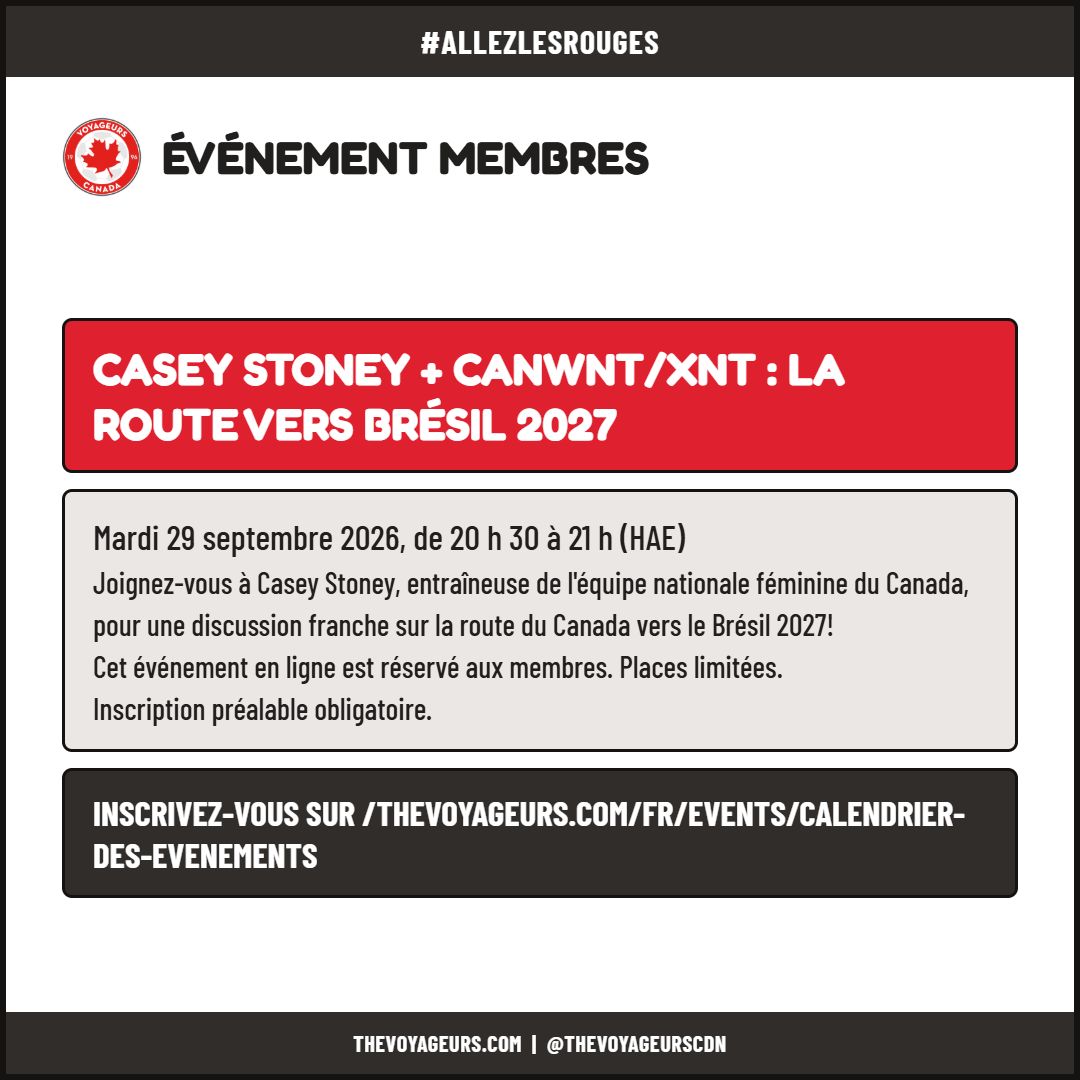 thevoyageurs's tweet photo. Reminder / Rappel
Member Event: Casey Stoney + CanWNT/XNT
Join us Tues, Sept 29 @ 8:30 PM EDT for a candid chat on the Road to Brazil 2027. Members-only, limited spots — register now!
#AllezLesRouges #CanWNT #CanXNT
1/2 https://t.co/TIPXoa64Uq