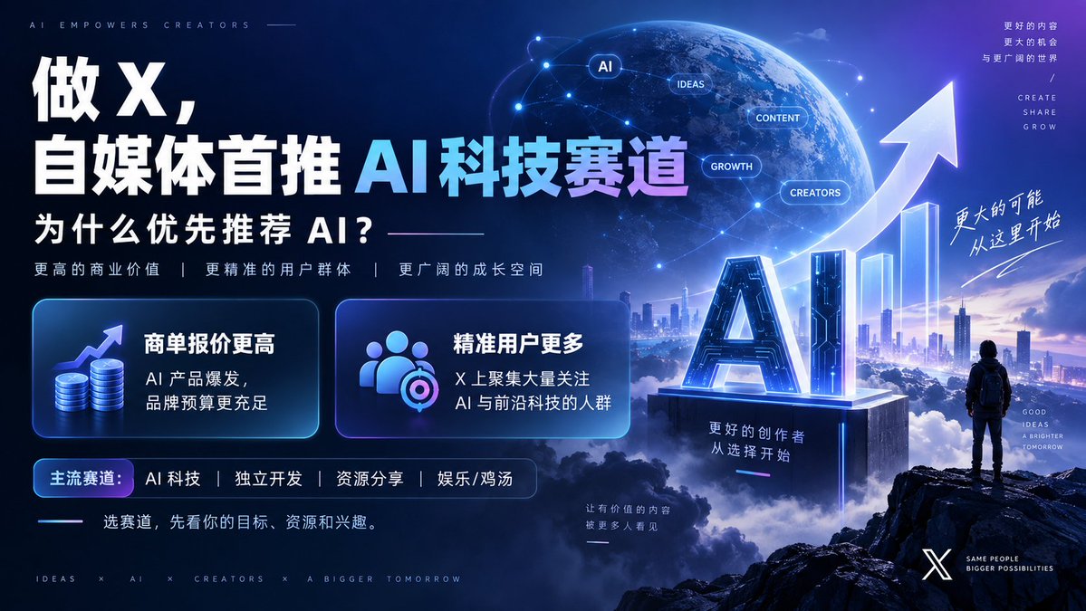 7ai_Life's tweet photo. 在 X 上，比较主流的赛道大概有这几类：

AI 科技、独立开发、资源分享、娱乐/鸡汤。

如果让我优先推荐一个，我会选 AI 科技。

为什么？

1. AI 商单报价更高

这两年 AI 产品集中爆发，很多拿到融资的公司都有推广预算，会找博主做产品介绍、工具测评和体验分享。

同样的粉丝量，AI 科技类账号的商业价值通常会更高，尤其是粉丝比较精准的账号。

2. X 上的 AI 用户更集中

很多前沿信息，比如 AI、Web3、全球金融、独立开发，往往都会优先在 X 上传播。

长期使用 X 获取信息的人，本身就更关注新技术、新工具和海外趋势。

所以对于 AI 内容来说，X 上天然聚集了一批比较精准的目标用户。

当然，也不一定非要做 AI。

如果你是独立开发者，想推广自己的产品，可以做独立开发赛道；

如果只是想快速尝试 X 自媒体、测试流量，或者做网盘拉新，也可以考虑资源分享、娱乐类内容。

赛道没有绝对好坏，关键还是看你的目的、资源和长期兴趣。