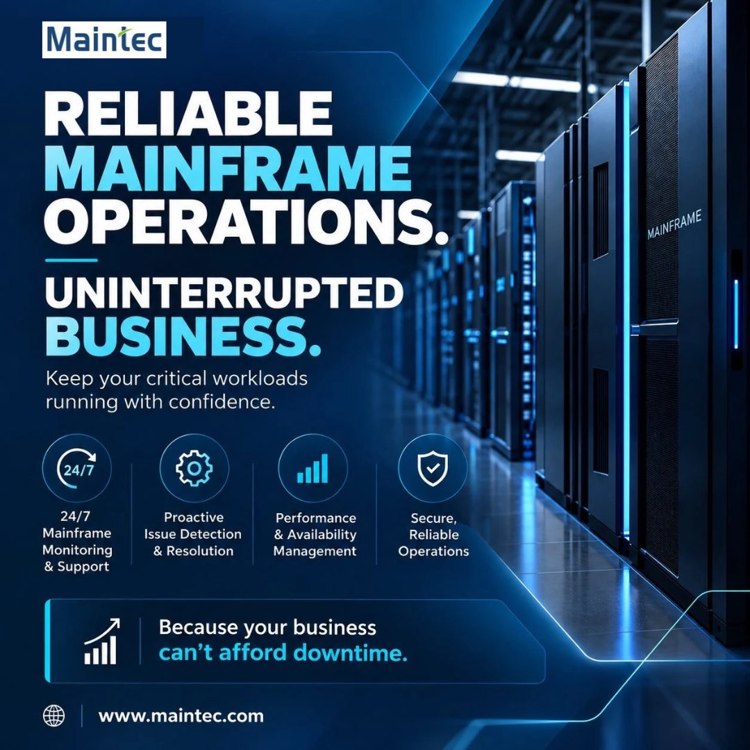 Maintec_Tech's tweet photo. Keep your critical workloads running with confidence through reliable mainframe monitoring, support, and proactive operations.

🌐 https://t.co/uFXb4FETX3

#Mainframe #MainframeOperations #ITOperations #BusinessContinuity #Maintec https://t.co/Ogi29x3yET