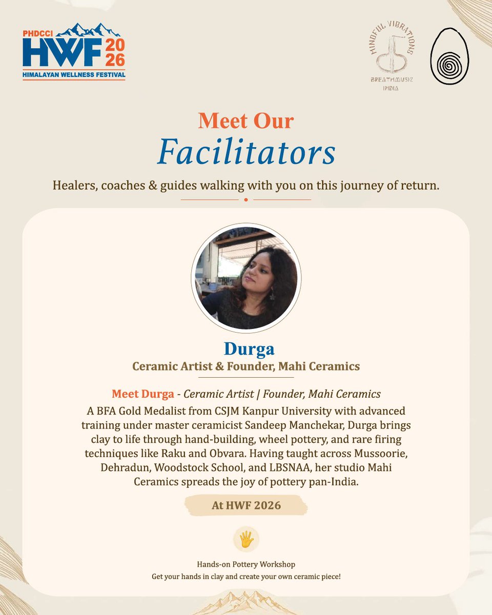 HimalayanWell's tweet photo. Meet Durga — Ceramic Artist &amp; Founder of Mahi Ceramics, joining the Himalayan Wellness Festival 2026 with a hands-on pottery workshop.

📅 23–25 October 2026
📍 The Punarnava Wellness Resort, Dehradun, Uttarakhand

#himalayanwellnessfestival https://t.co/HCj4ktUKDJ
