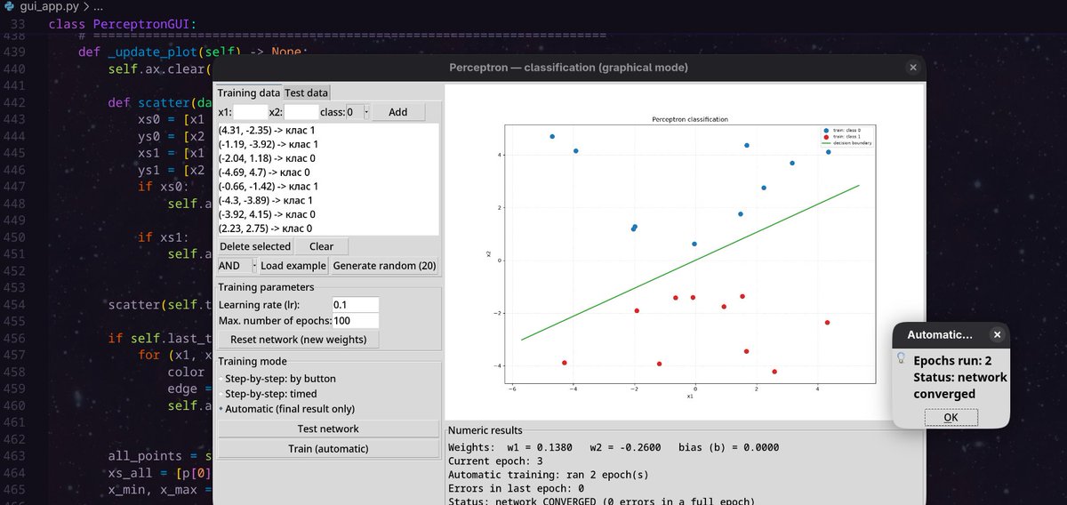 w_wander_r's tweet photo. Built a Perceptron-based binary classifier from scratch in Python! 🧠⚡️

The task was to implement ROSENBLATT's Perceptron with both console &amp; GUI modes, featuring step-by-step training (manual &amp; timed) and automatic convergence visualization.

Code &amp; UI below 👇 https://t.co/VbjXbYkeQf