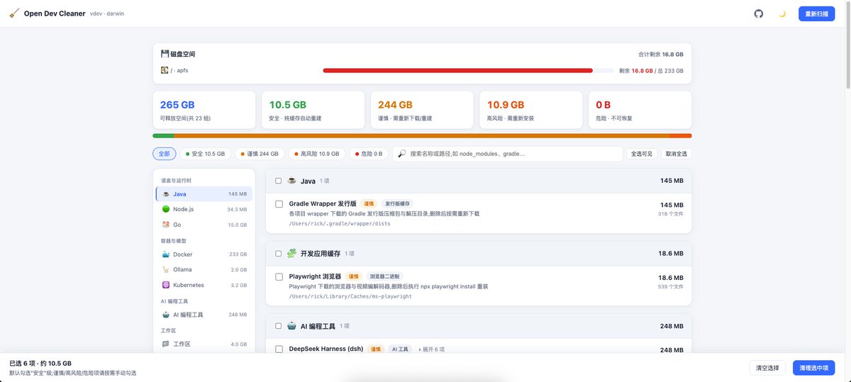 LinuxSuRen's tweet photo. 研发的电脑太容易把磁盘搞爆了，整个工具专门清理研发相关的工具、依赖包等
https://t.co/abVoNcrAX9 https://t.co/myYCd8FebI