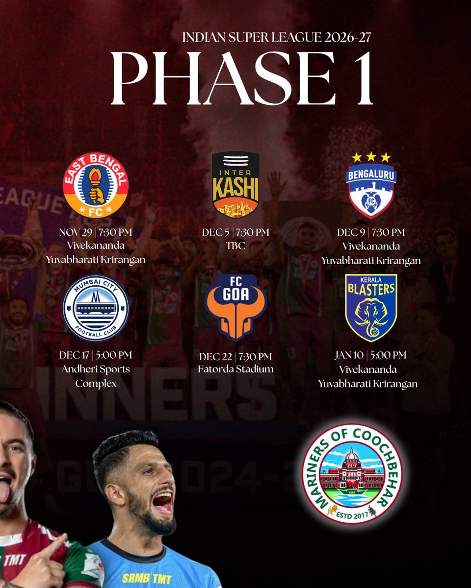 marinersofcob's tweet photo. Mariners, here’s our Phase 1 fixture list for ISL 13! 🗓️🔥 https://t.co/kO7RLrUgzS